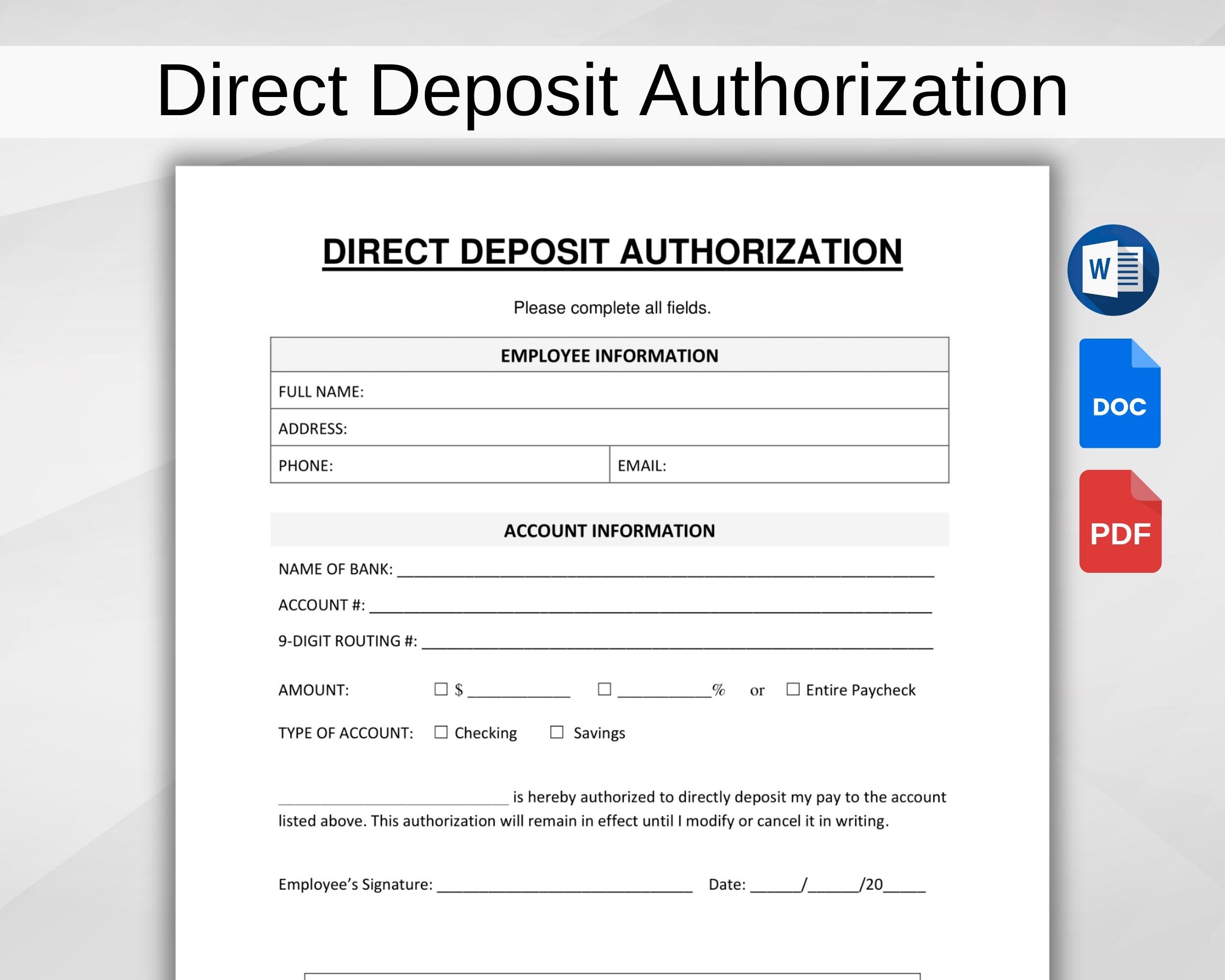 Direct Deposit Authorization Printable Employee Direct Deposit Form HR Template Editable Word google Docs pdf Instant Download Etsy New Zealand