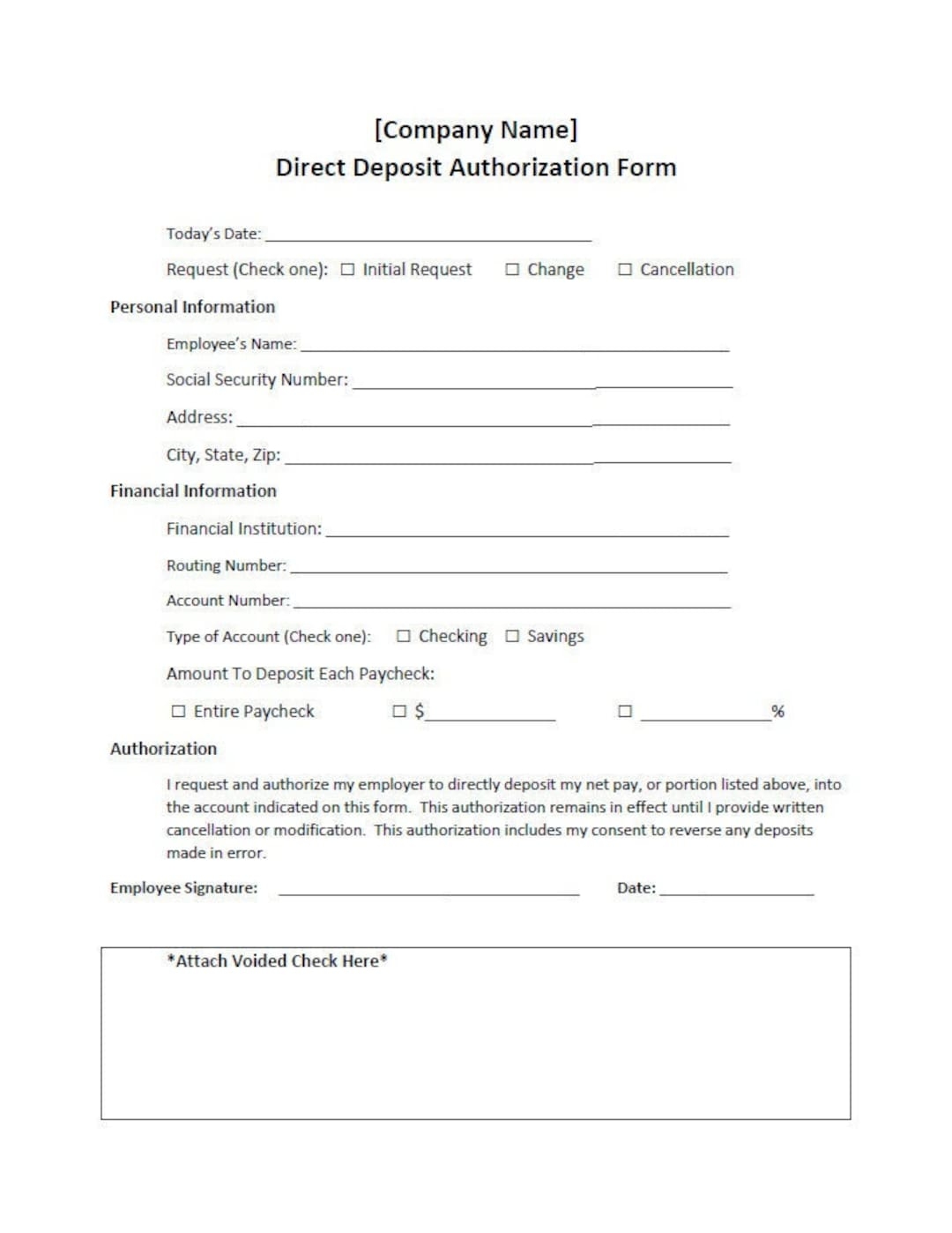 Direct Deposit Authorization Request Form Template word Editable Printable Etsy