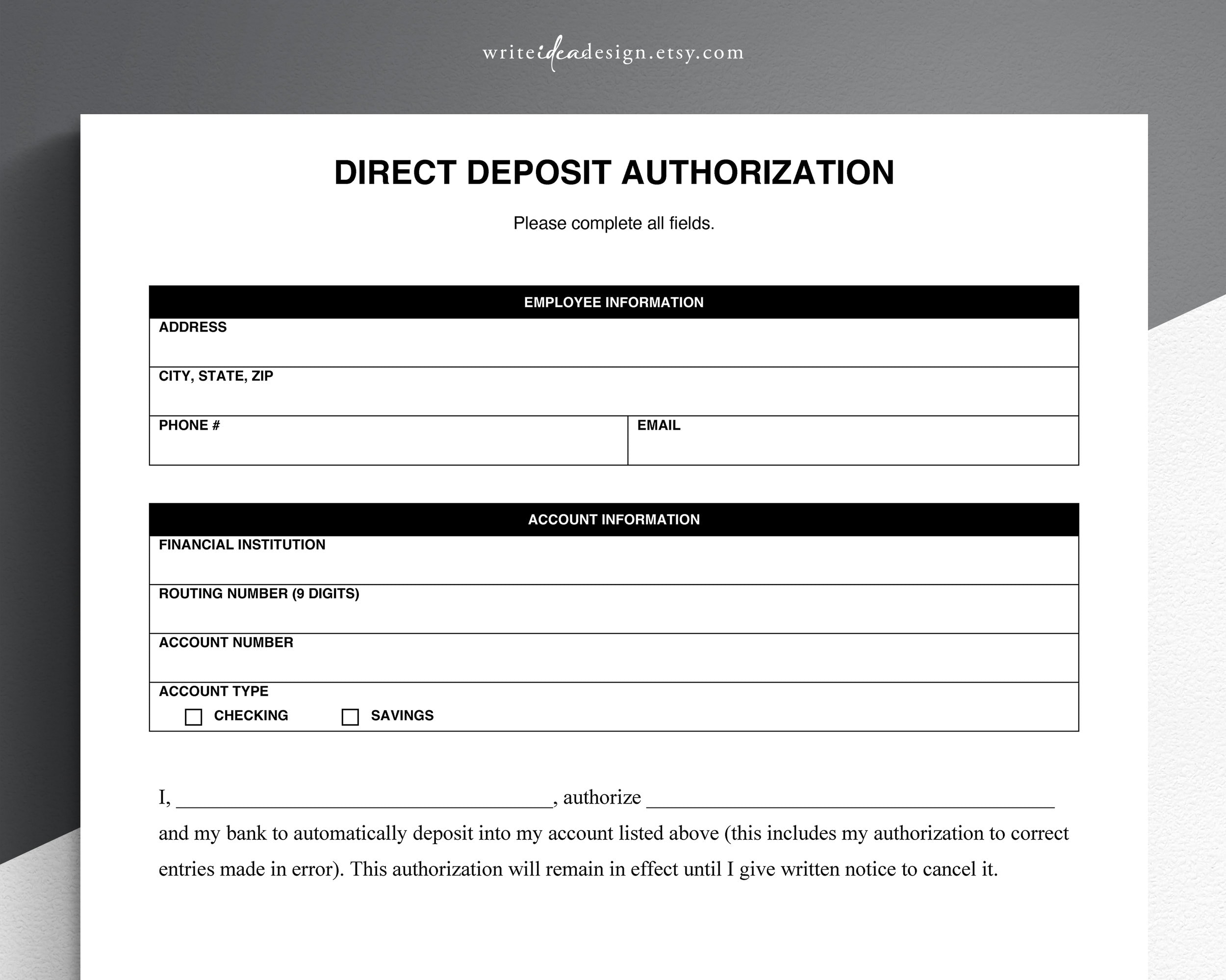 Direct Deposit Form Etsy