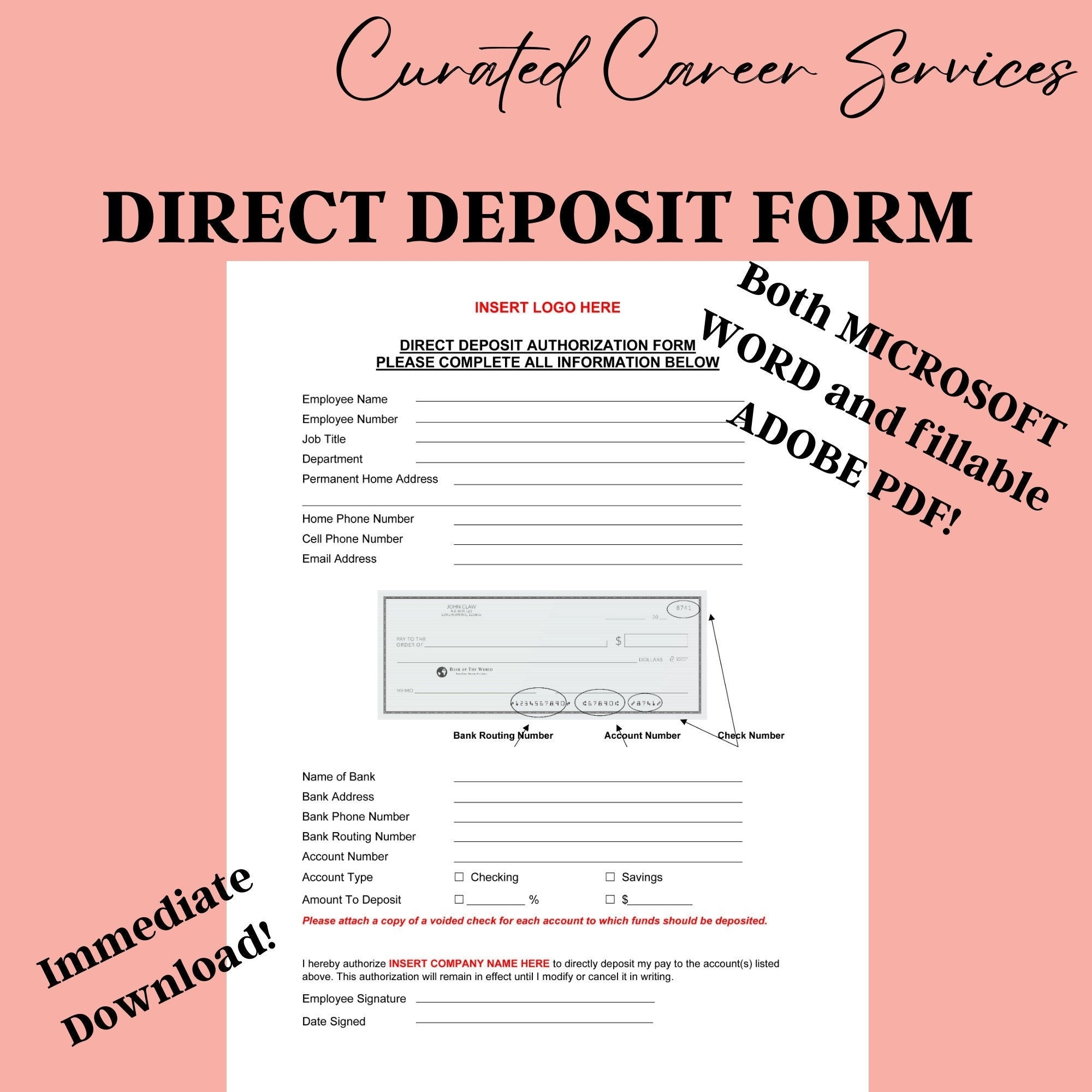DIRECT DEPOSIT Form Payroll Deposit Template New Hire Onboarding Paperwork Paycheck Pay Check Banking Form ACH Electronic Deposit Bank Etsy