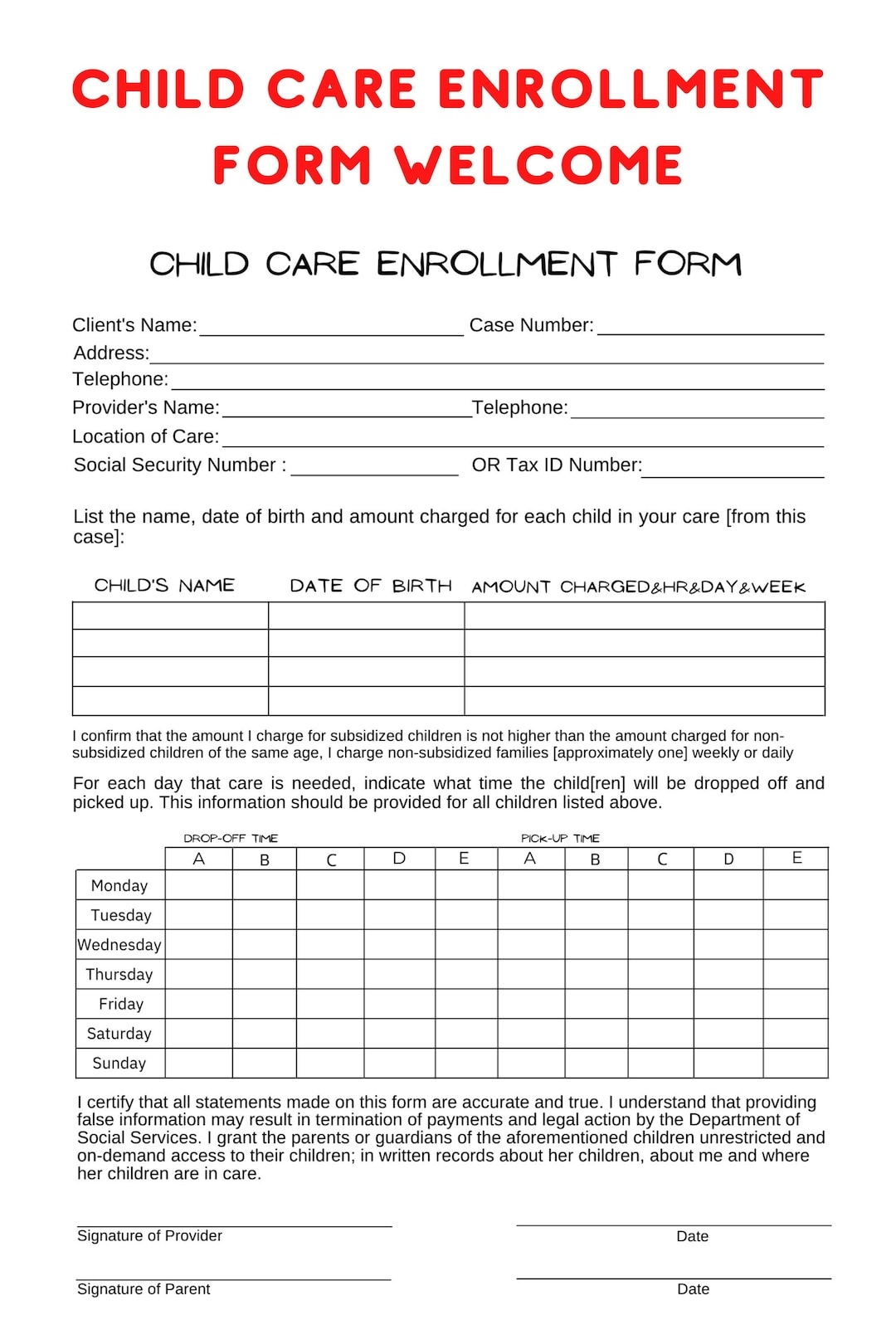 DIY Child Care Enrollment Form Editable Canva Template Personalized day Care group Family Day Care Family Day Care Day Camp Etsy