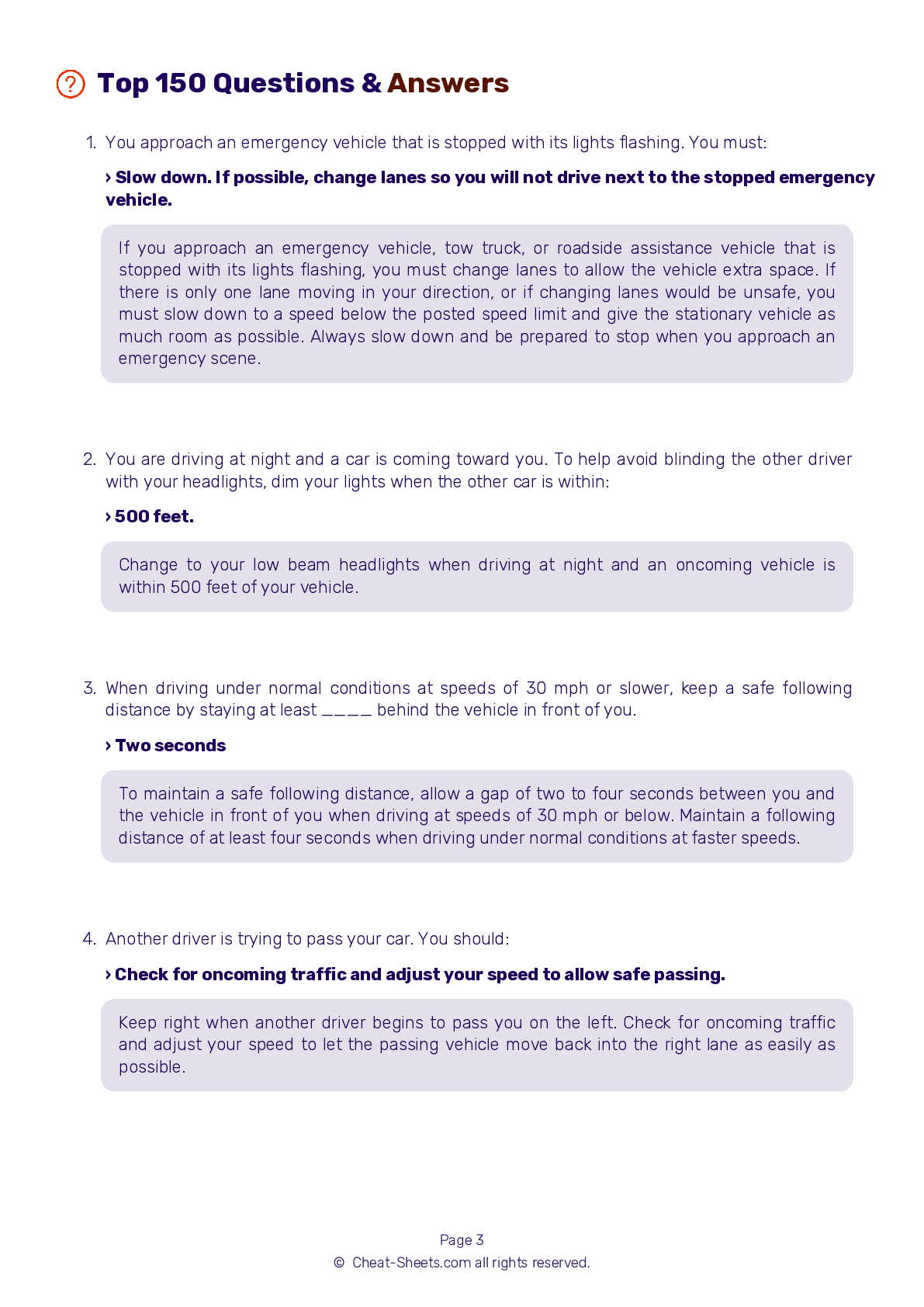 DMV Test Cheat Sheet Oregon