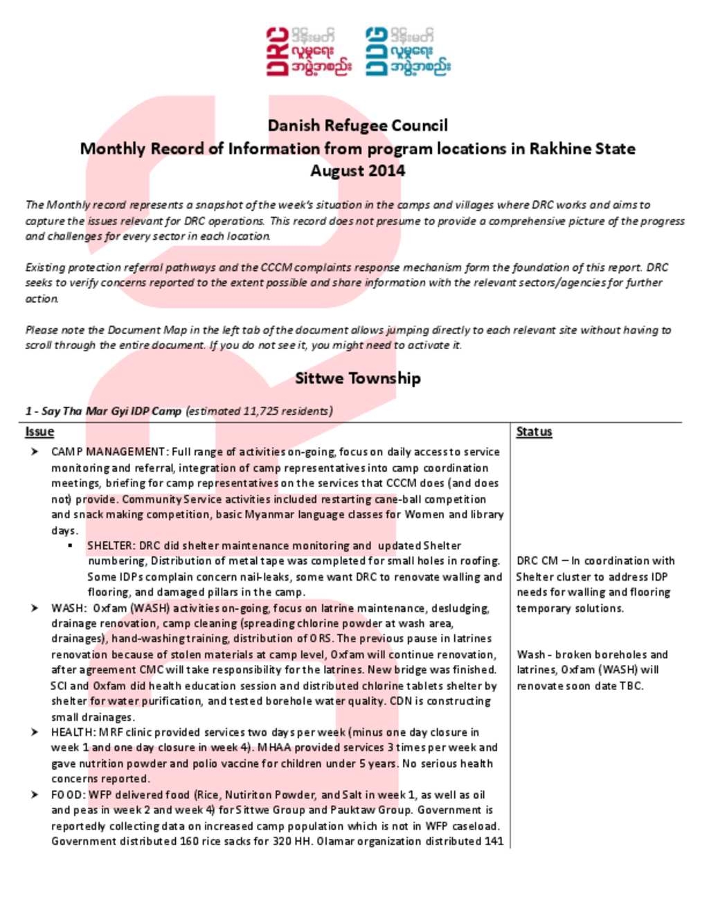 Document DRC Record Of Information Concerning Sat Yoe Kya Baw Du Pha Dar Paing Ohn Taw Gyi N And Other Sittwe Sites Aug 2014 