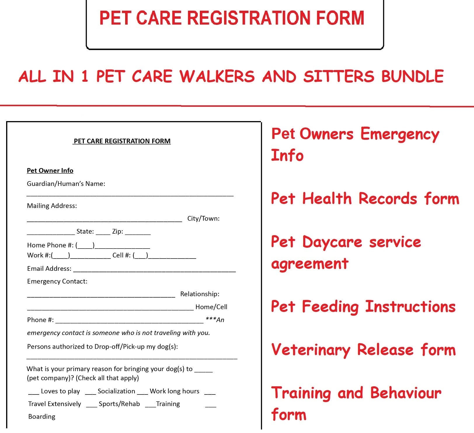 Dog Care Registration Form Pet Boarding Forms Dog Sitters And 
