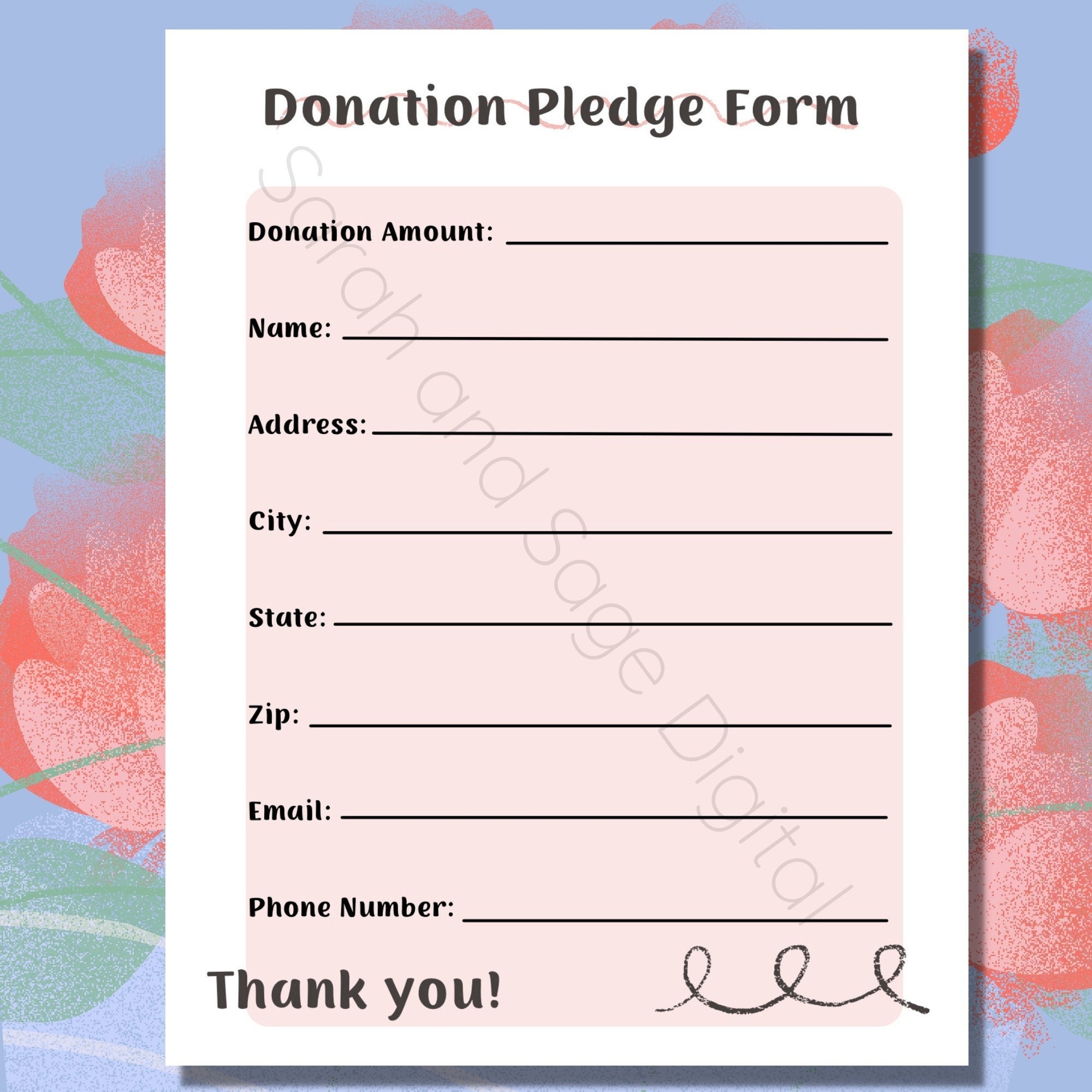 Donation Form Printable Donation Fundraising Flyer School Fundraiser Template Digital File Instant PDF Download Breast Cancer Charity Etsy