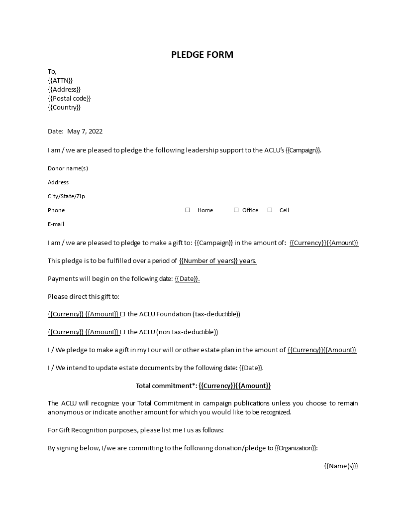 Donation Pledge Form Template Templates At Allbusinesstemplates