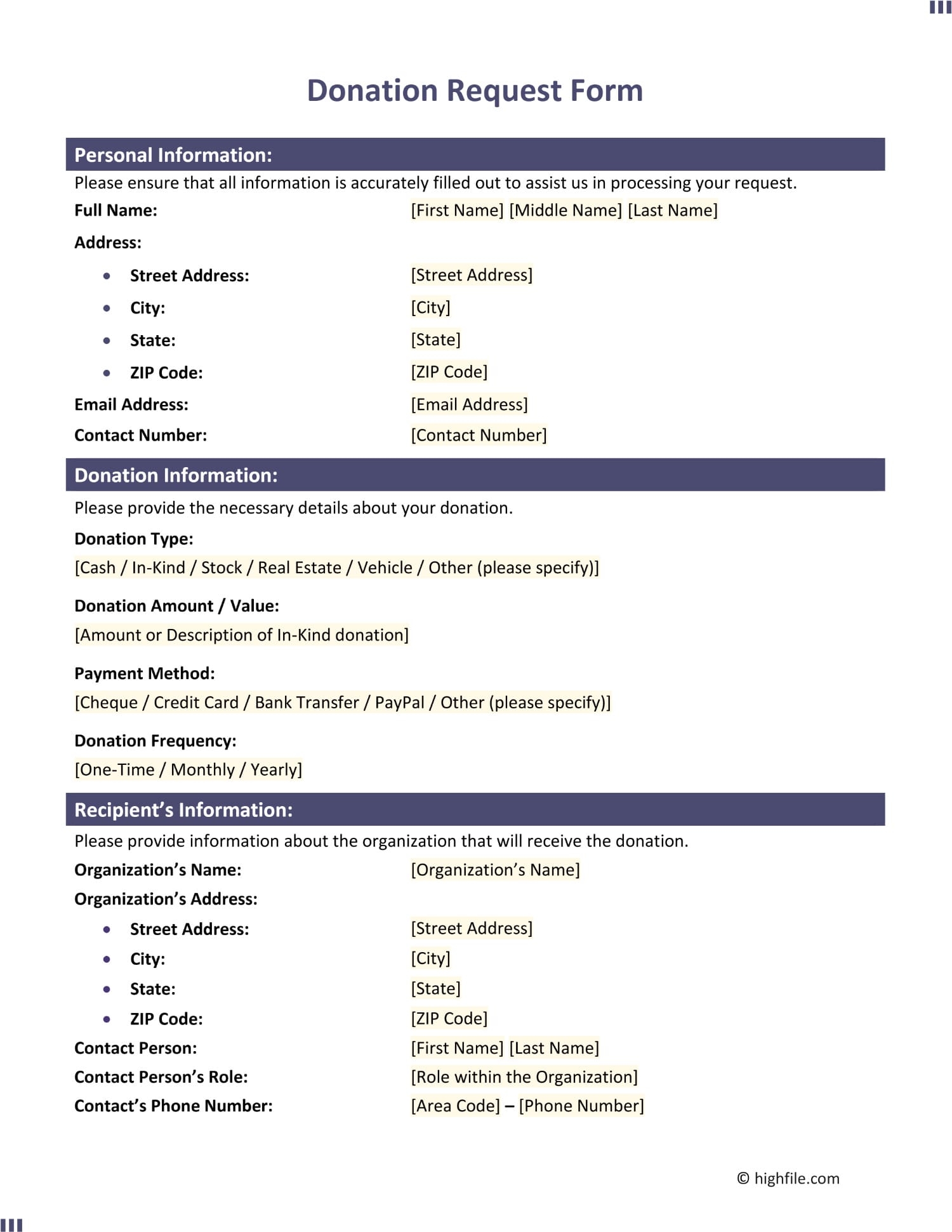 Donation Request Form Word PDF Google Docs Highfile