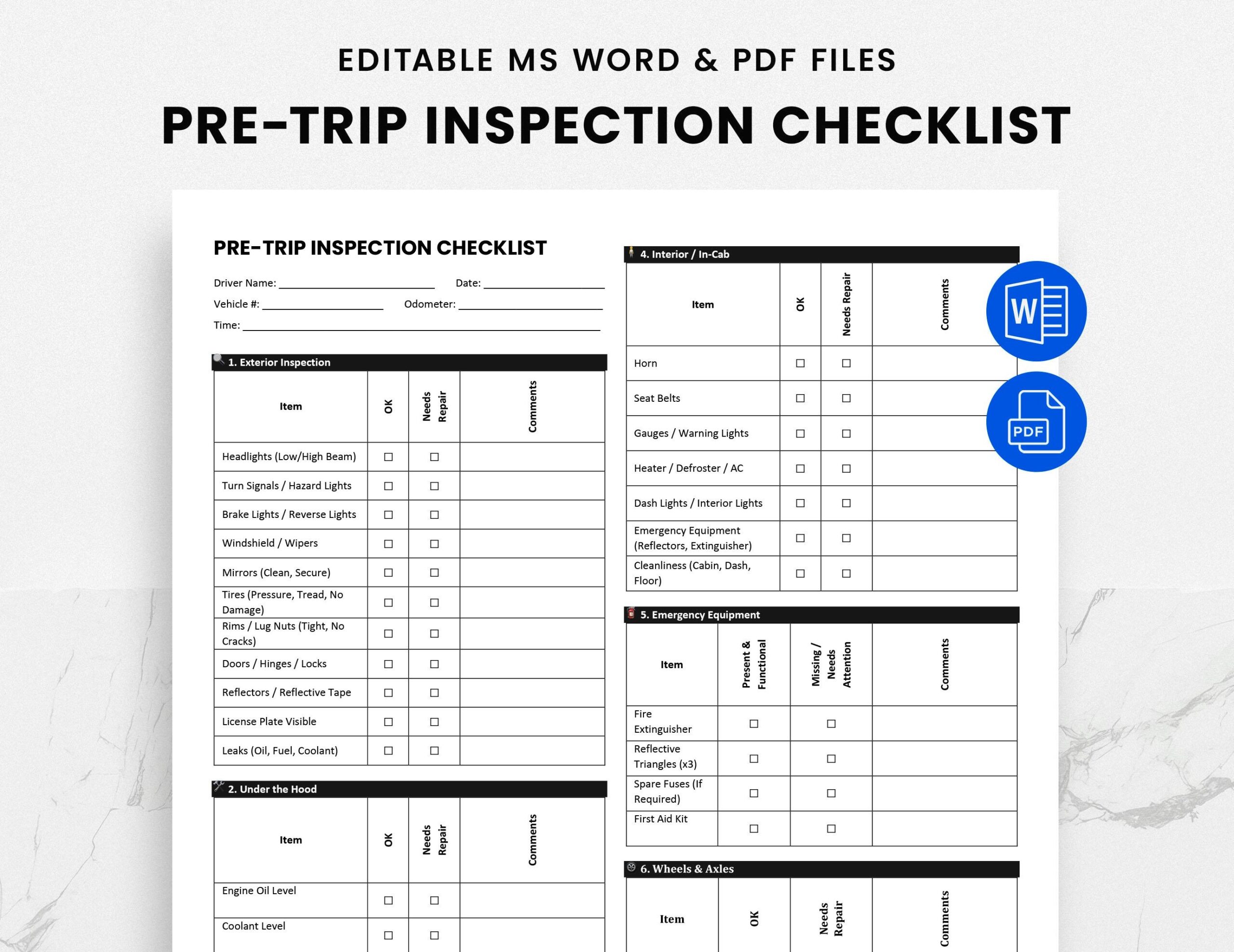 DOT Pre trip Inspection Checklist PDF Printable Driver Daily Vehicle Inspection Form FMCSA Compliant Fillable Truck Log Sheet Etsy