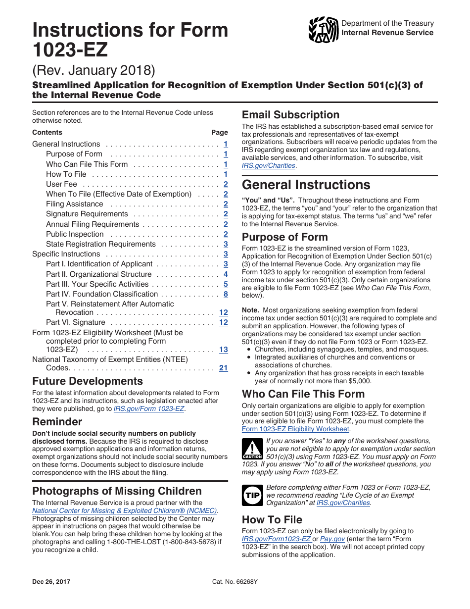 Download Instructions For IRS Form 1023 EZ Streamlined Application For 