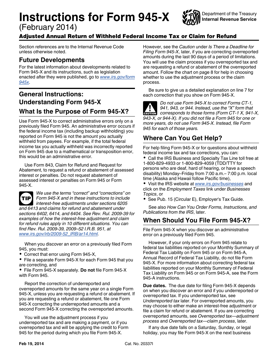 Download Instructions For IRS Form 945 X Adjusted Annual Return Of 
