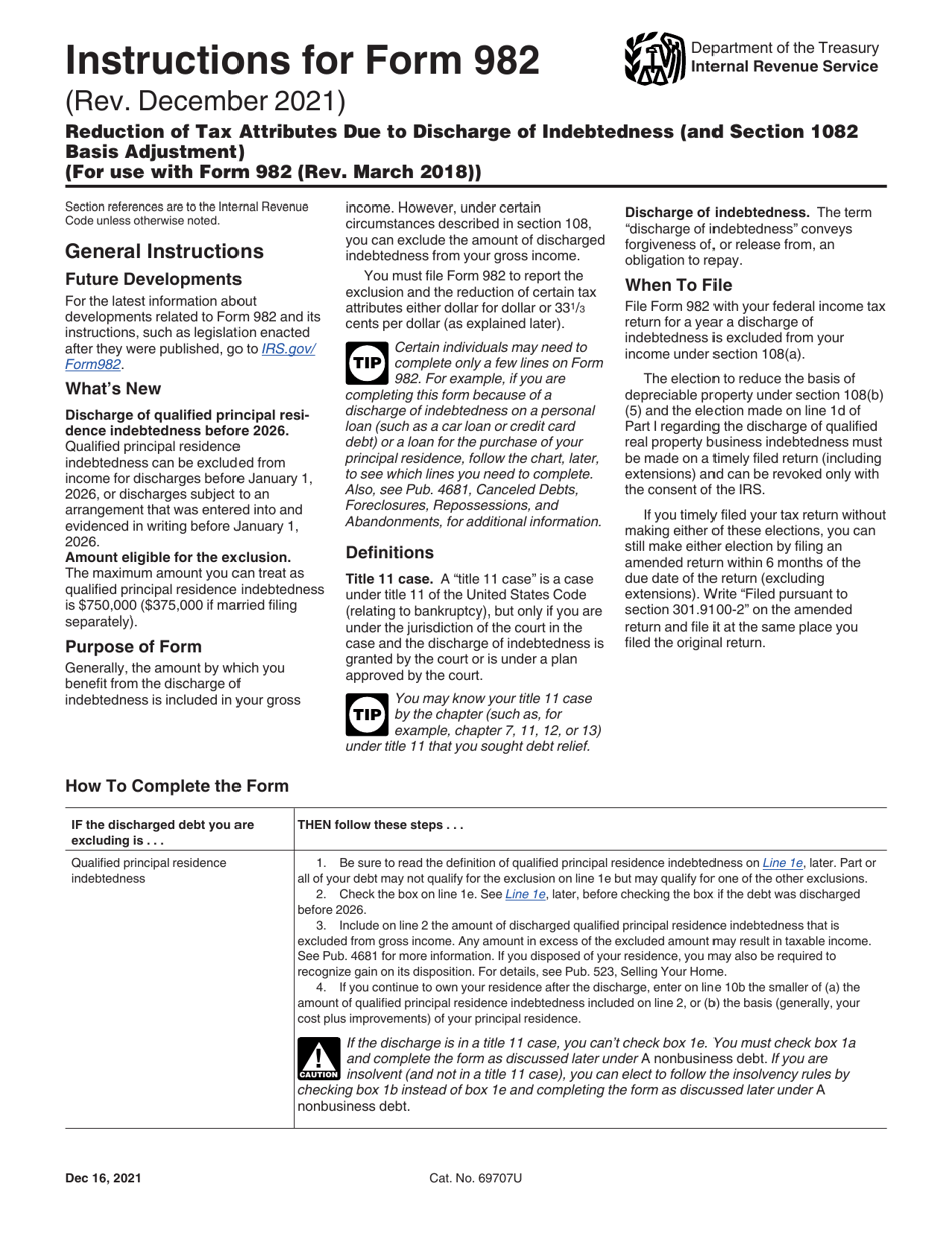 Download Instructions For IRS Form 982 Reduction Of Tax Attributes Due To Discharge Of Indebtedness And Section 1082 Basis Adjustment PDF 2018 2025 Templateroller