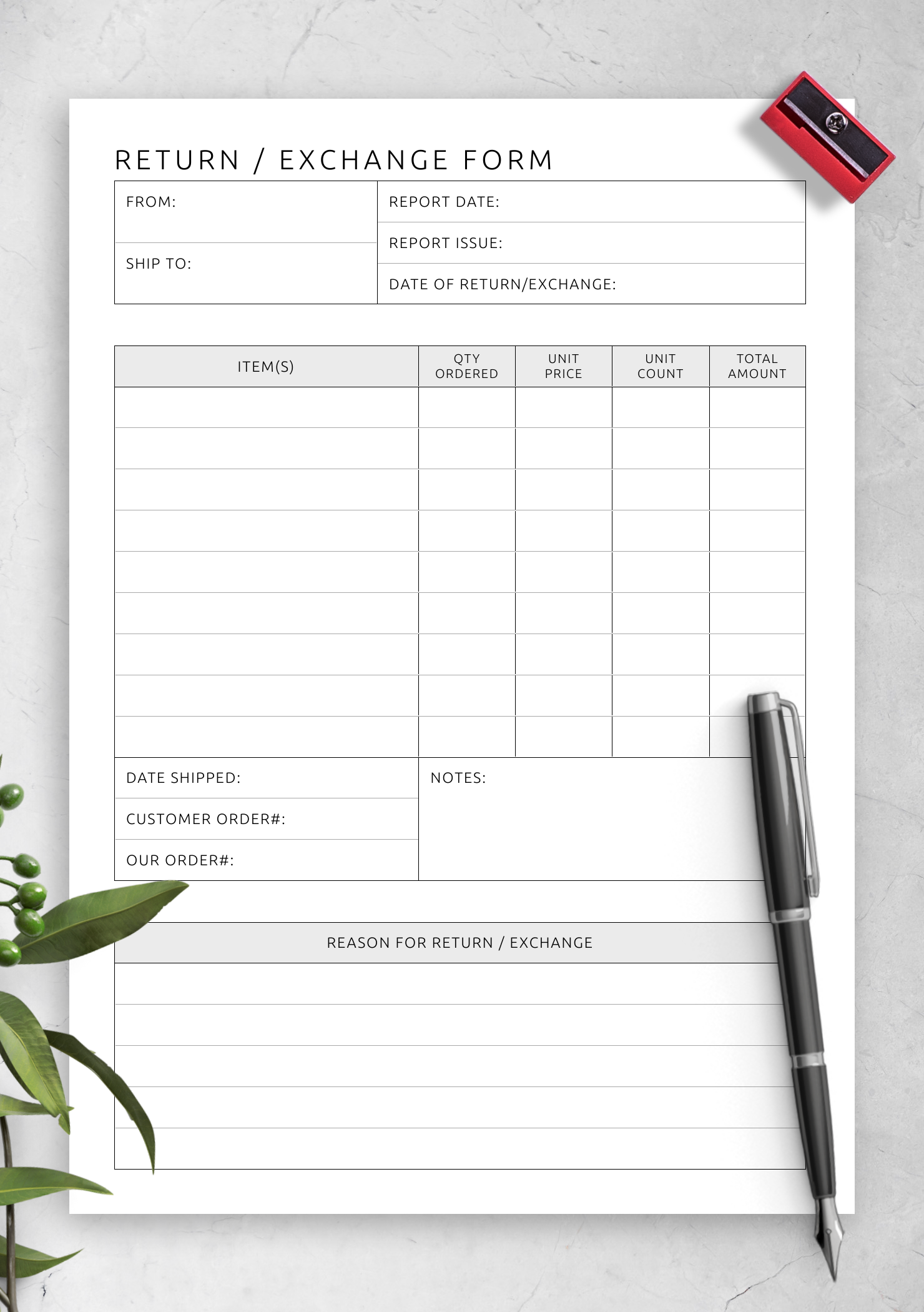 Download Printable Return Exchange Form Template PDF