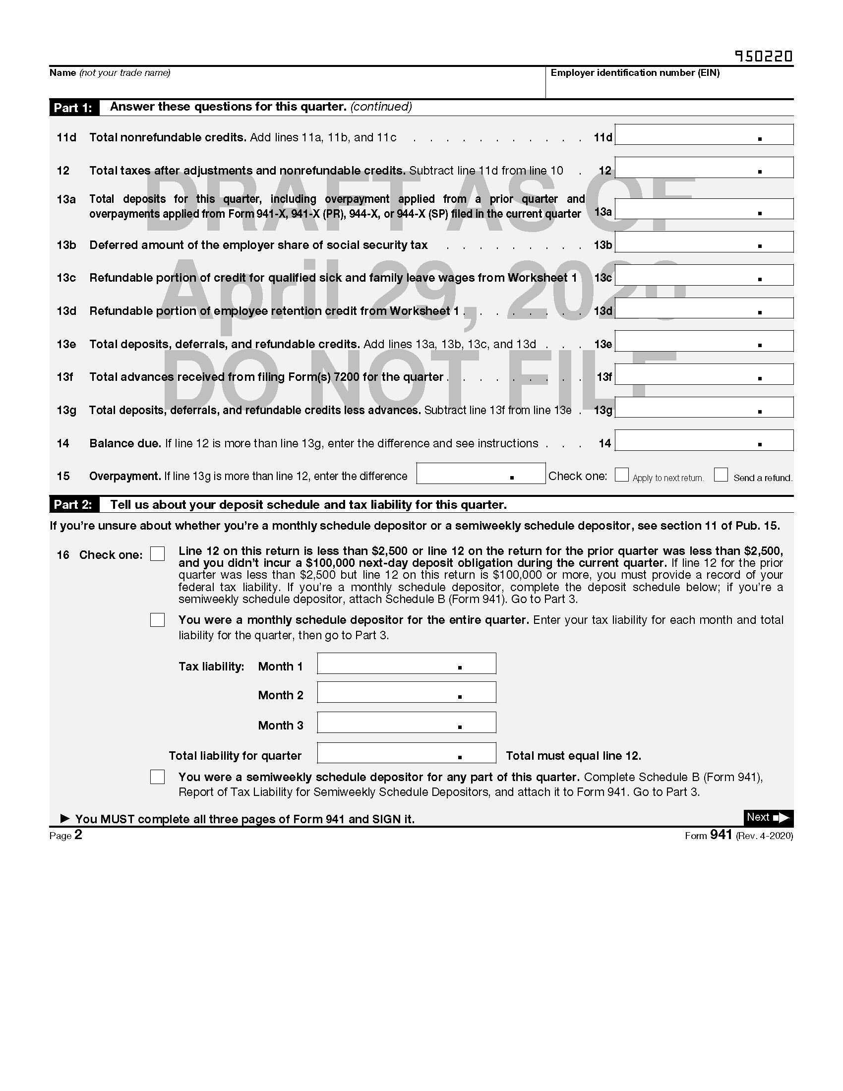 Draft Of Revised Form 941 Released By IRS Includes FFCRA And CARES Provisions Current Federal Tax Developments