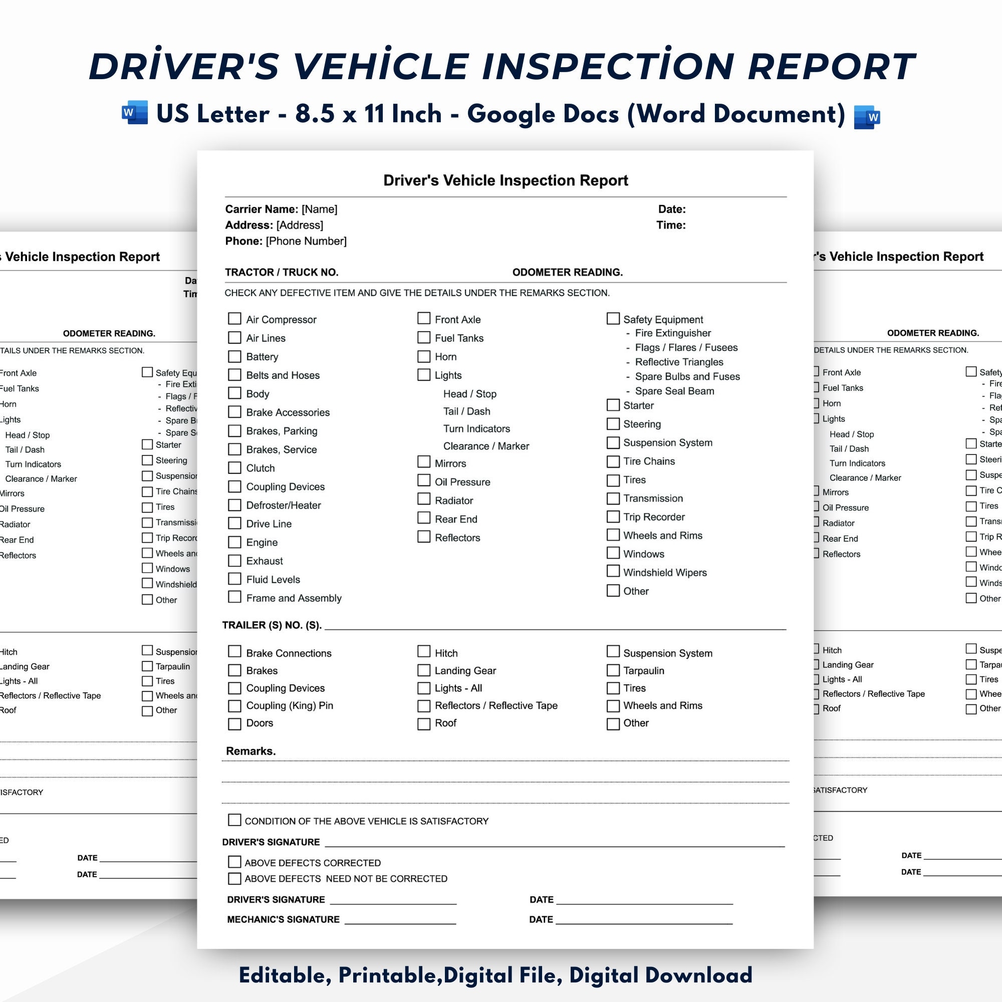 Driver s Vehicle Inspection Report Template Detailed Driver s Vehicle Inspection Report Form Google Docs Word Document U0026 Printable PDF