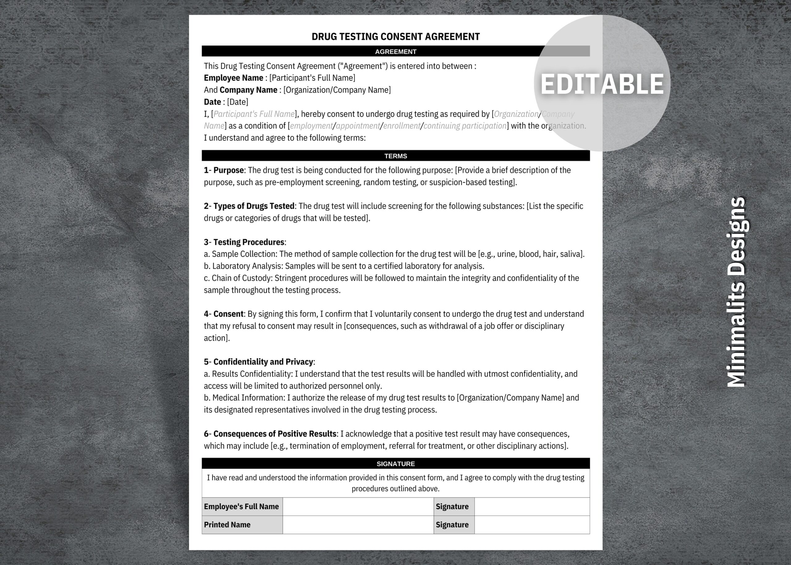Drug Test Consent Form Editable Drug Testing Consent Agreement Human Resources Template Printable Employee Form HR Forms New Hire Sheet Etsy