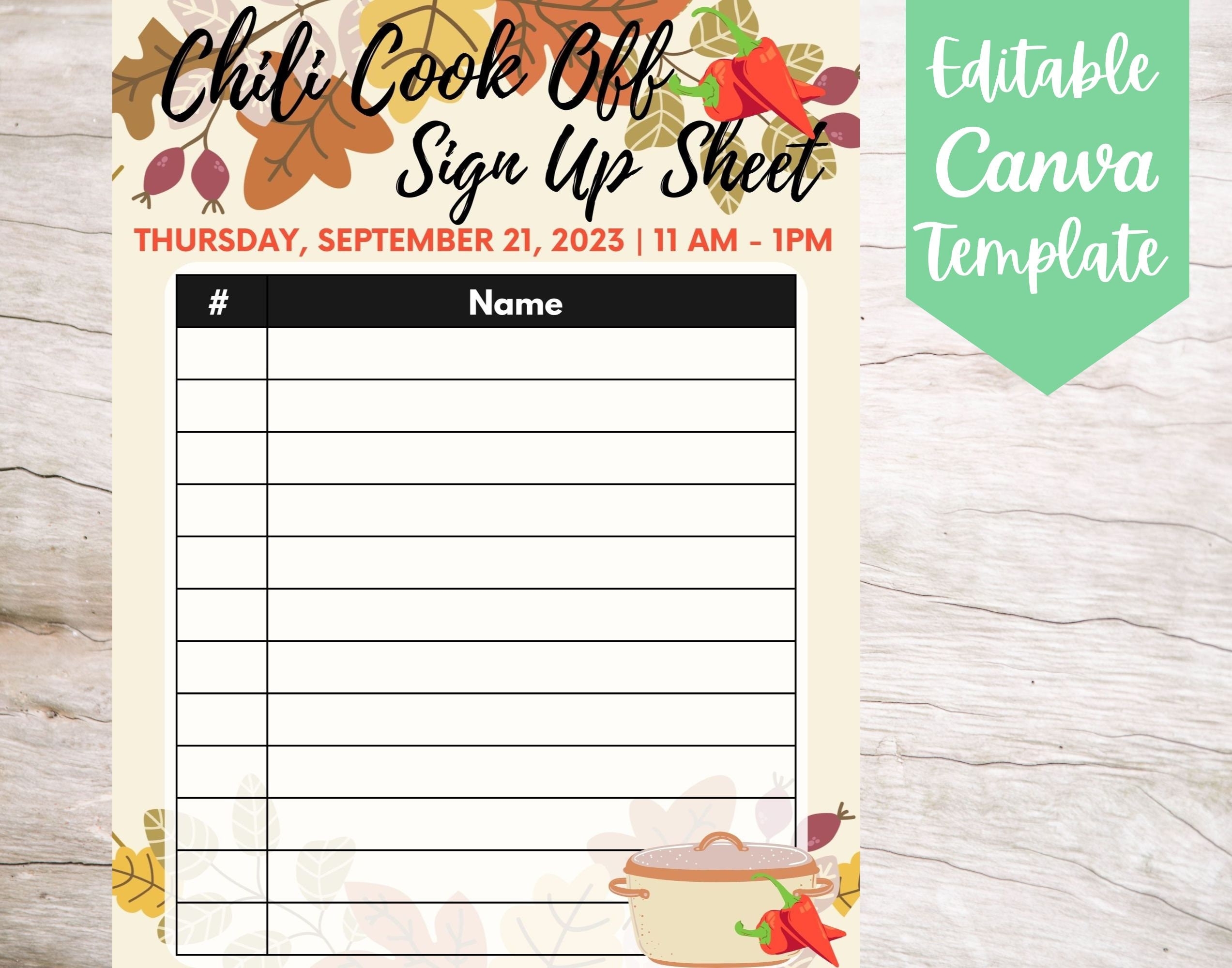 EDITABLE And Printable Chili Cook Off Sign Up Sheet Template 