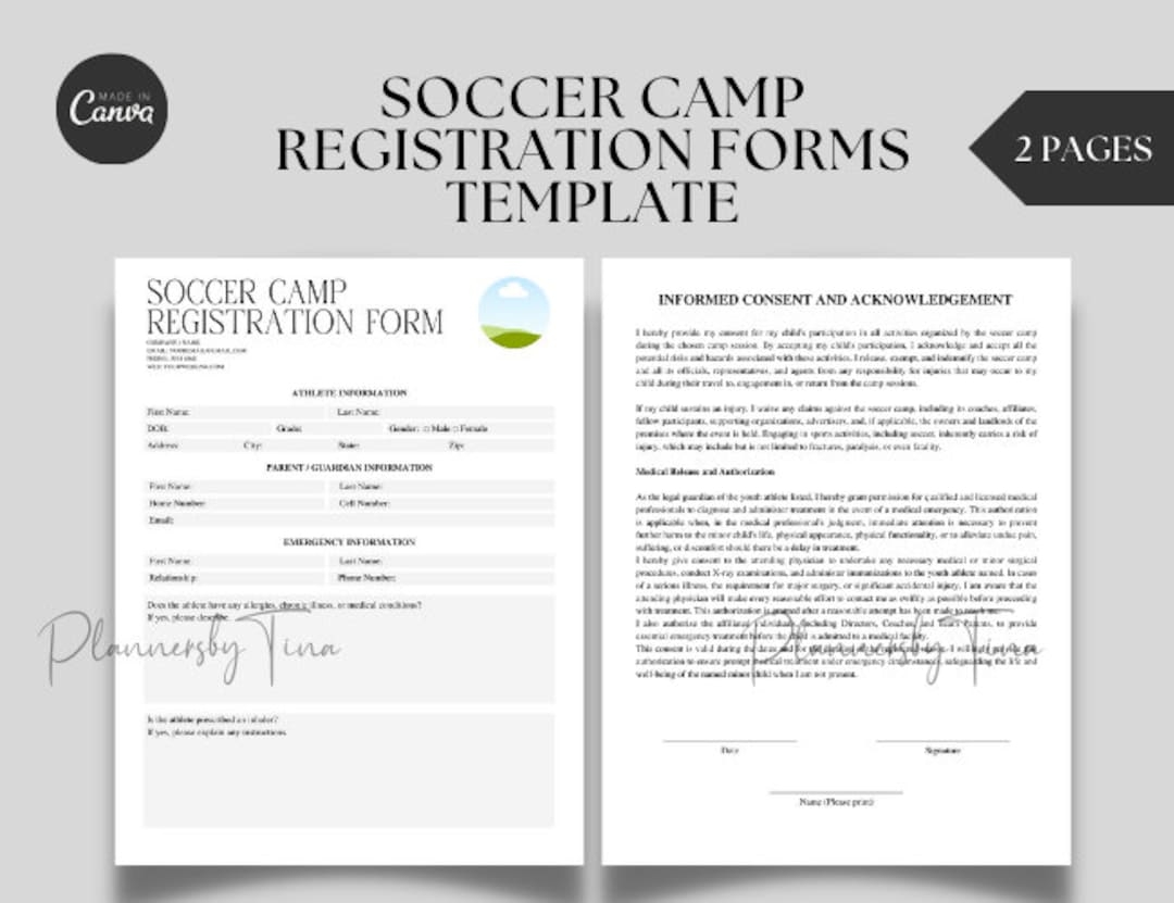 Editable And Printable Soccer Camp Registration Form Template Soccer Camp Intake Forms Editable Template Sports Club Forms Template Etsy