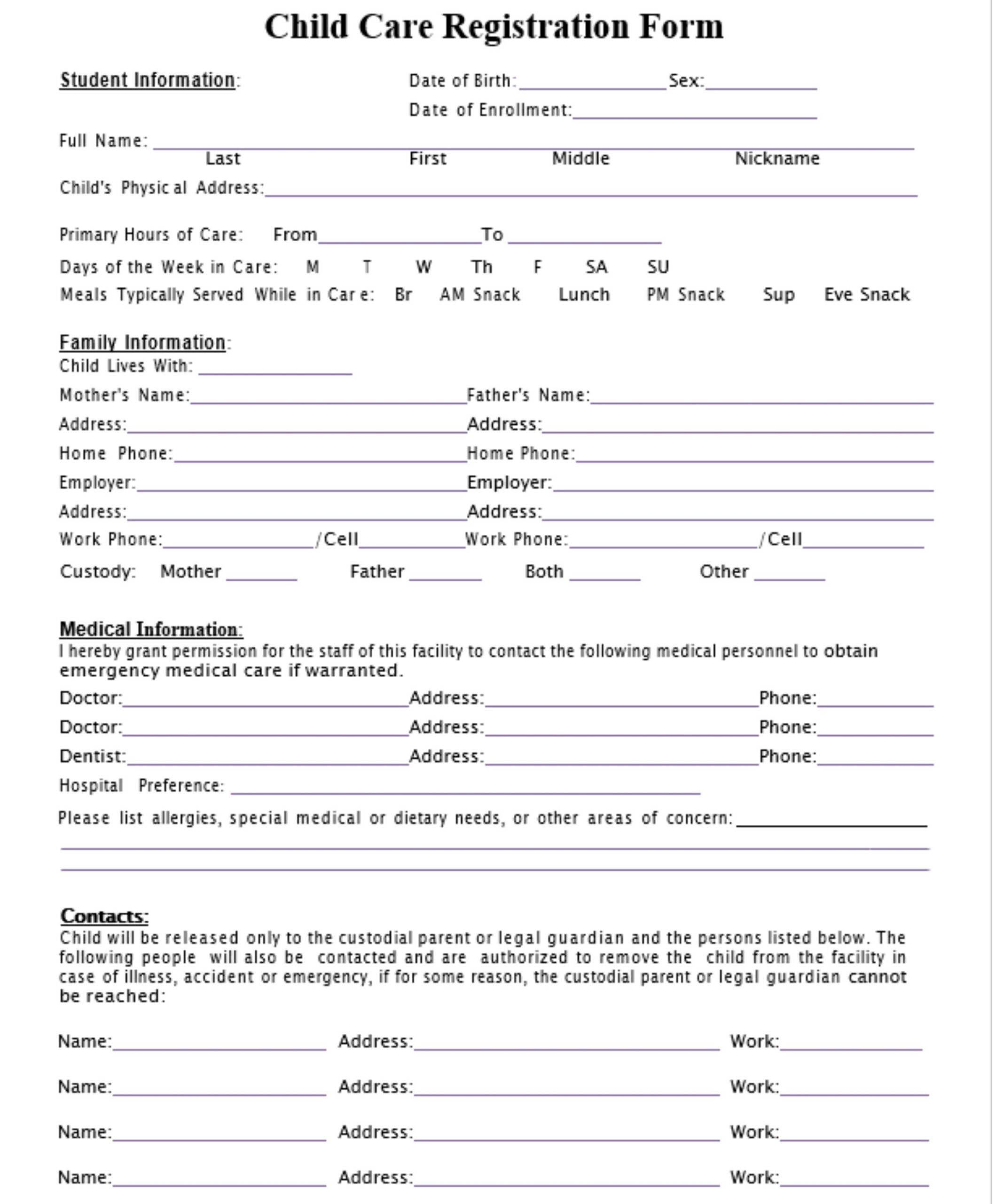 Editable Childcare Registration Form Nursery U0026 Preschool 