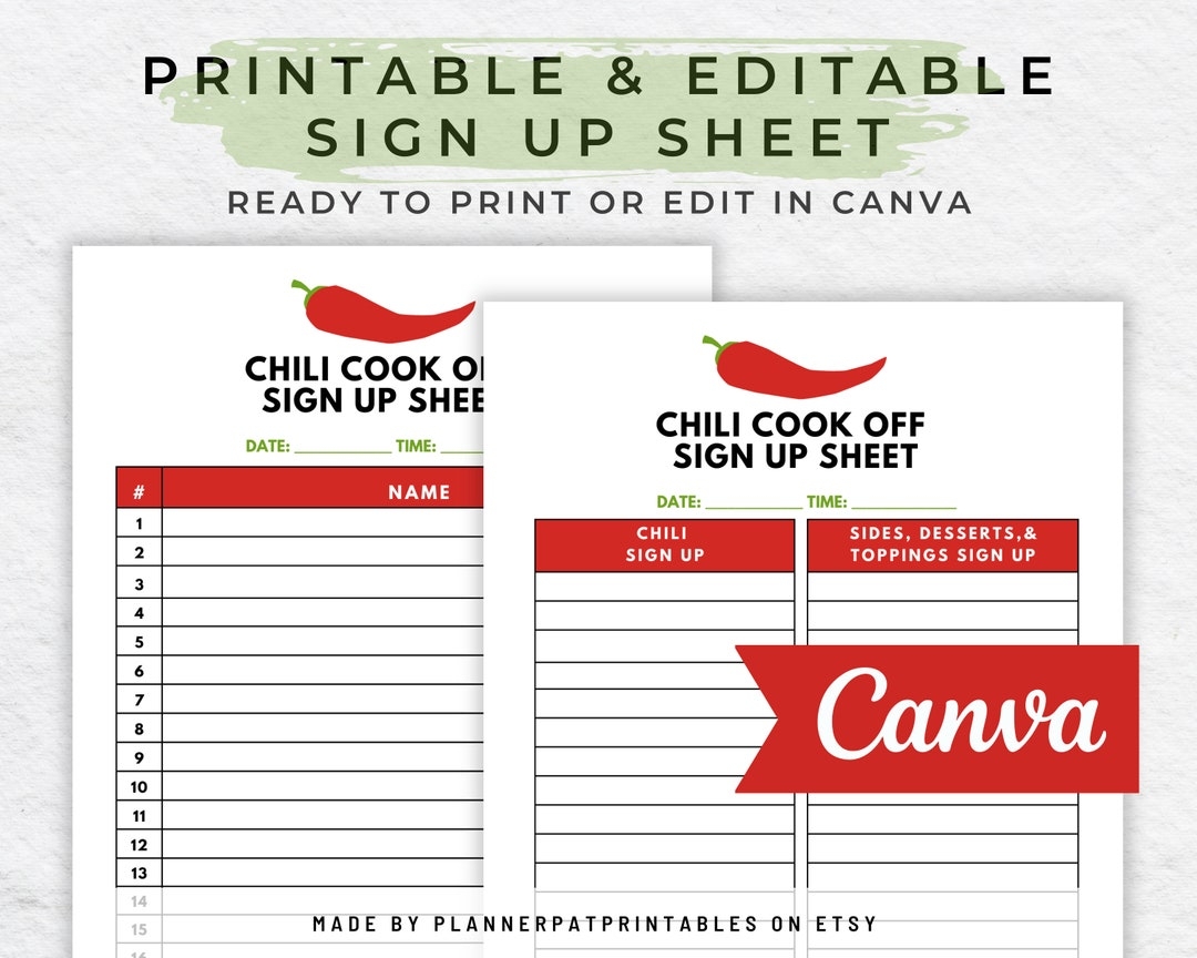 Editable Chili Cook Off Sign Up Sheet Printable For Community Chili Competition Etsy