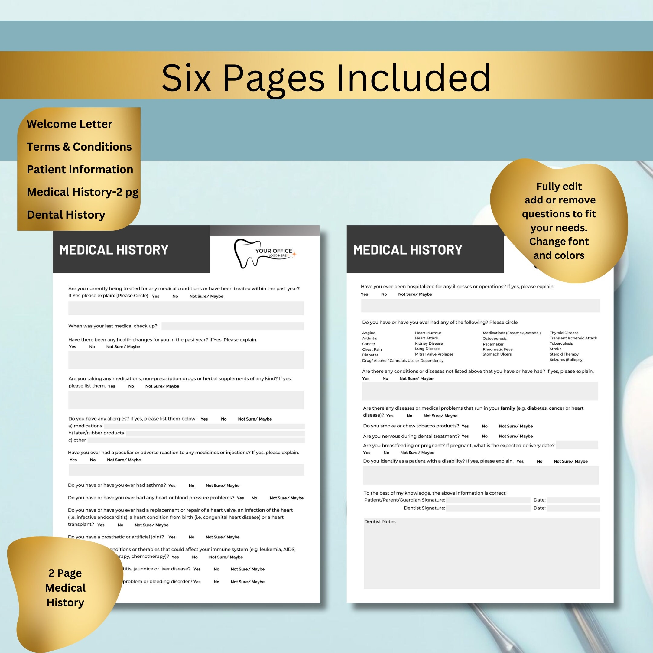 Editable Dental Intake Forms New Patient Form Customize Dental Office Documents Medical History Dentist Documentation Dental Form Etsy