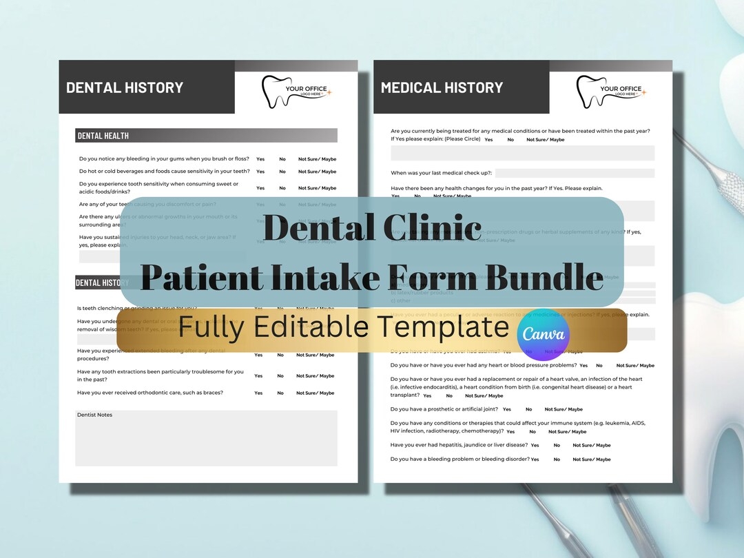 Editable Dental Intake Forms New Patient Form Customize Dental Office Documents Medical History Dentist Documentation Dental Form Etsy