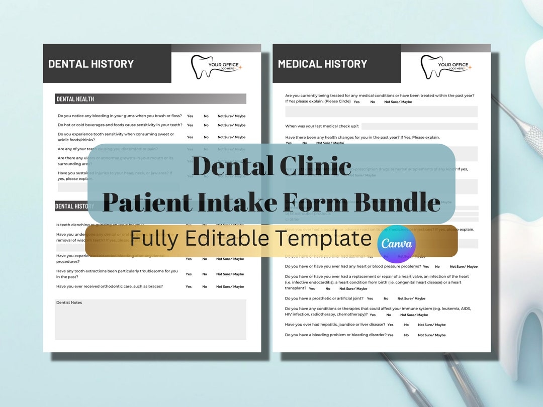 Editable Dental Intake Forms New Patient Form Customize Dental Office Documents Medical History Dentist Documentation Dental Form Etsy