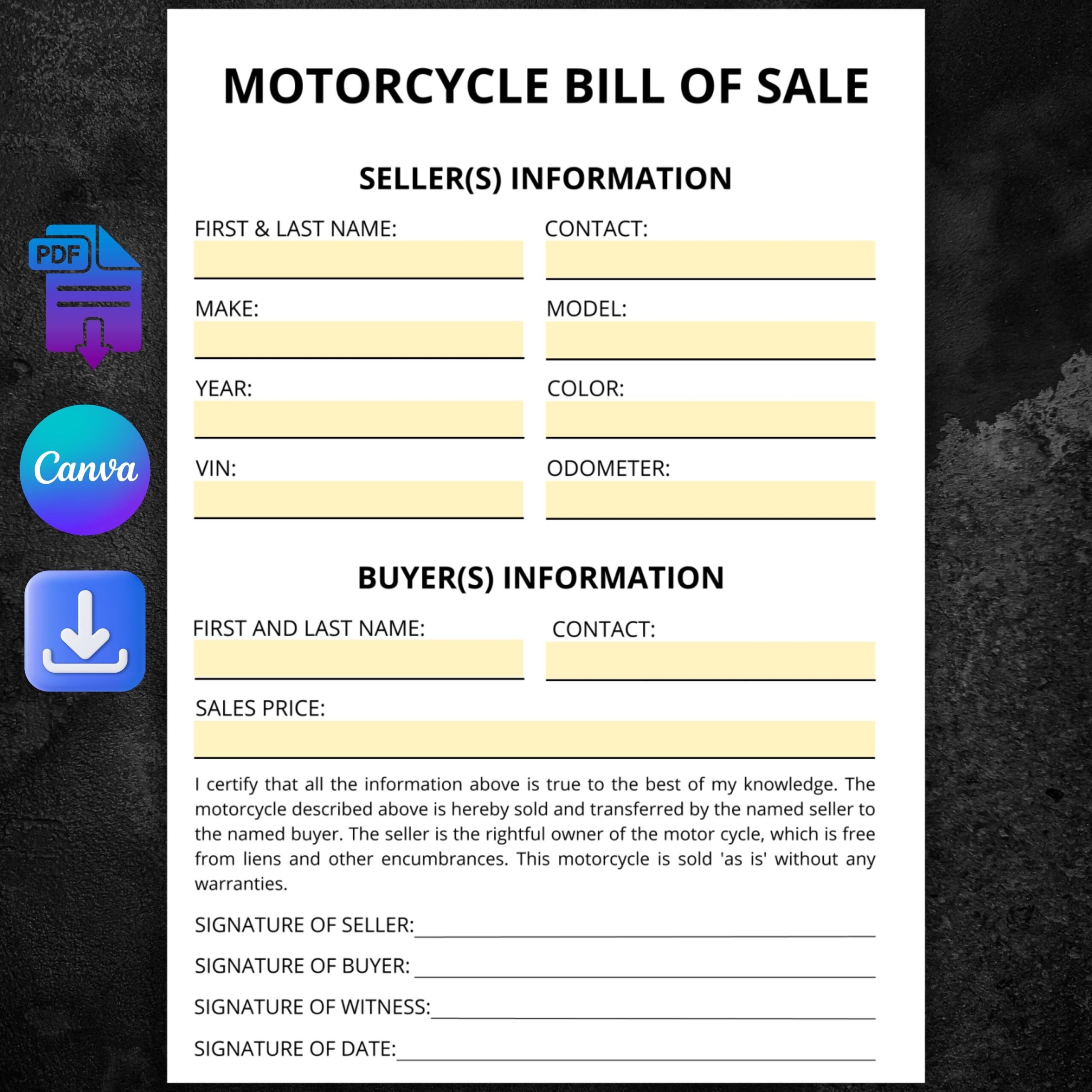 Editable Motorcycle Bill Of Sale Template PDF A4 U0026 US Letter Etsy
