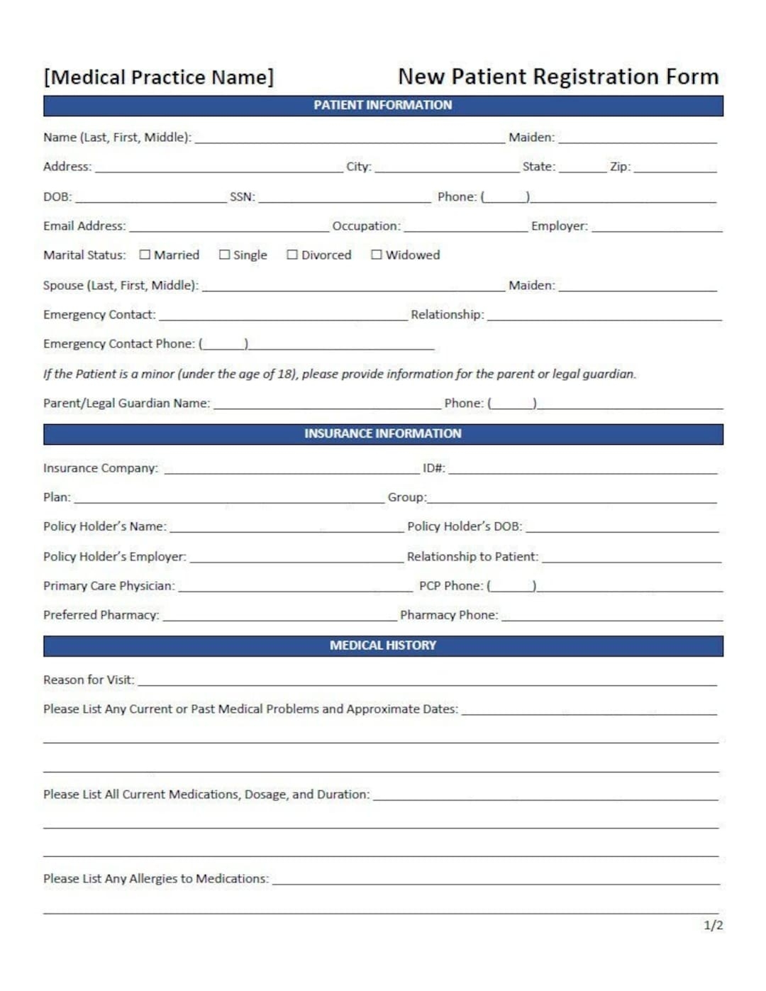 Editable New Patient Registration Form Template word Printable Etsy