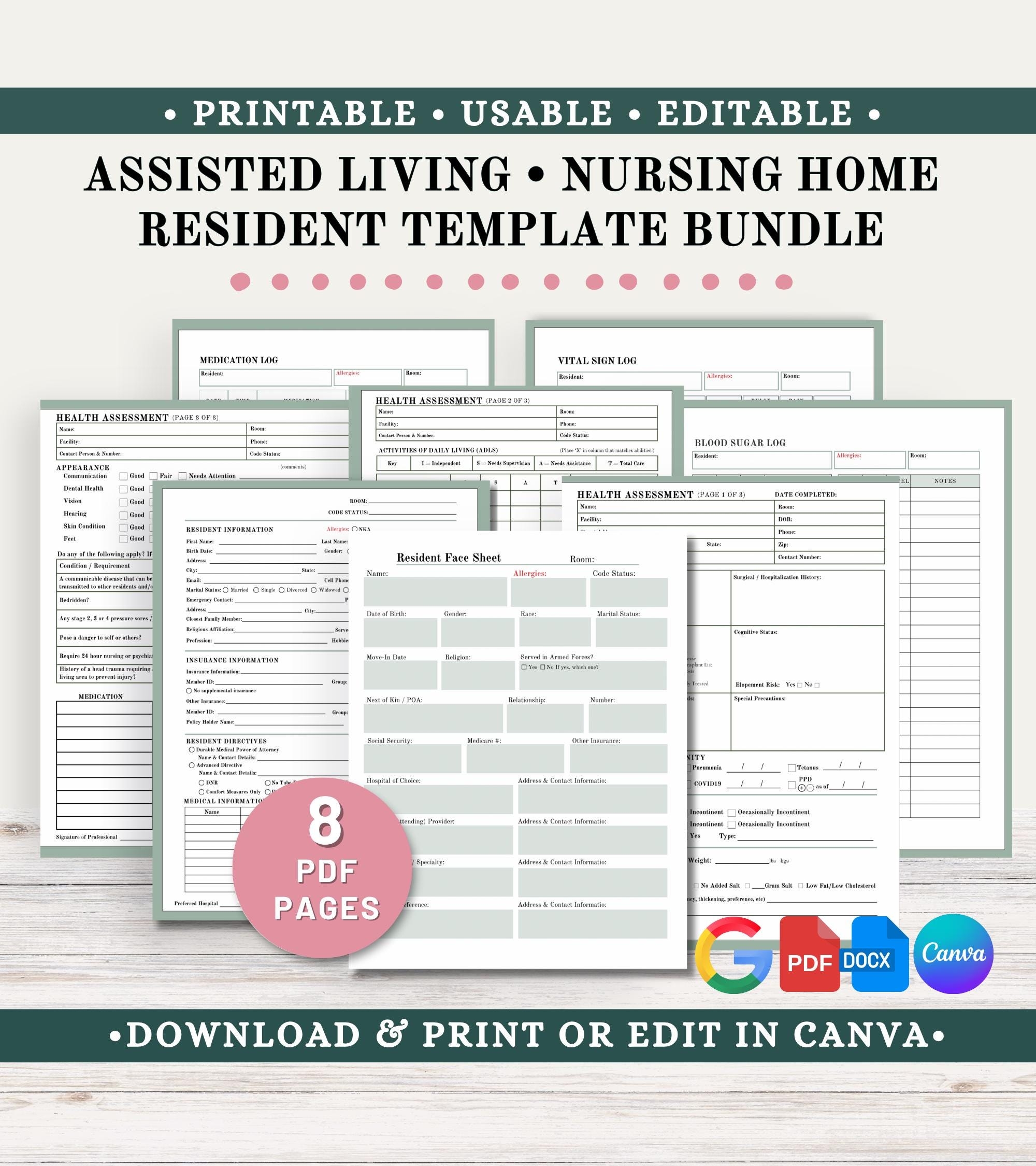 Editable Nursing Home Intake Assessment U0026 Resident Face Sheet 