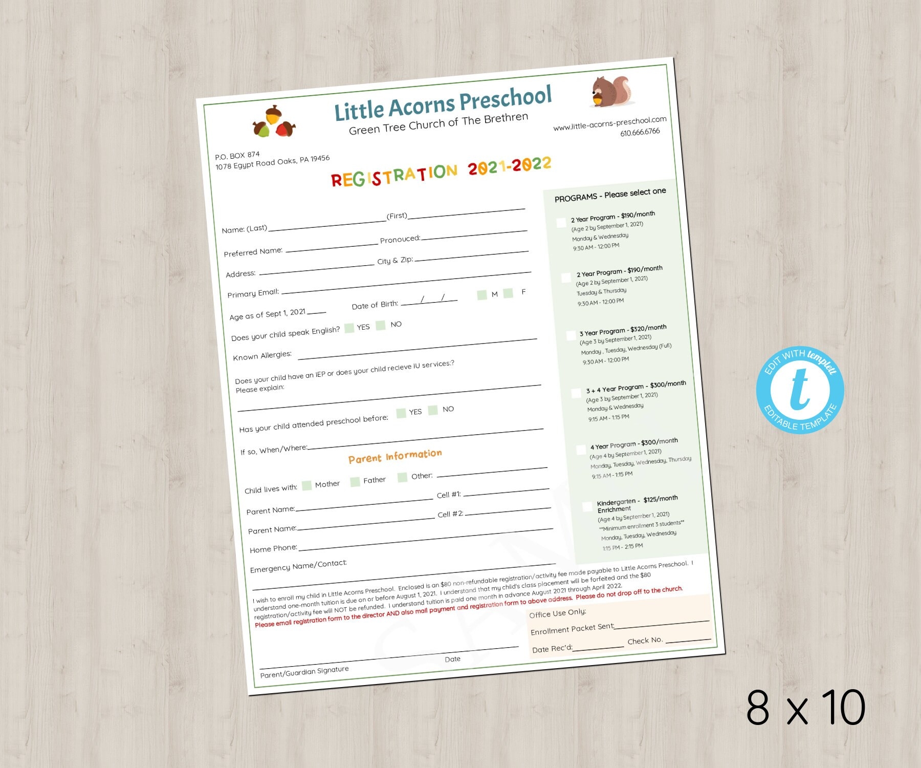 Editable Preschool Enrollment Form Template Registration Daycare Student Parent Form Back To School Woodland Edit Online Print Today Etsy