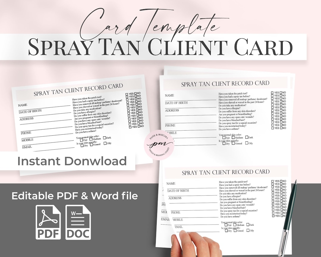 Editable Spray Tan Client Record Card Template Customizable 