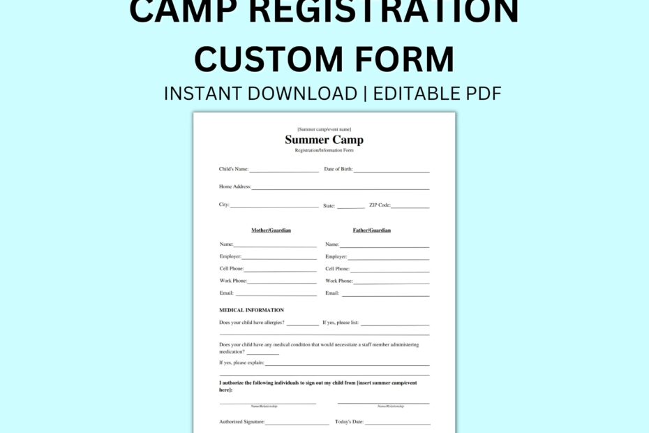 Editable Summer Camp Registration Form Medical Information
