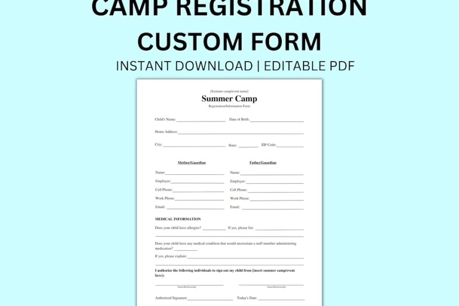 Editable Summer Camp Registration Form Medical Information digital Download Etsy