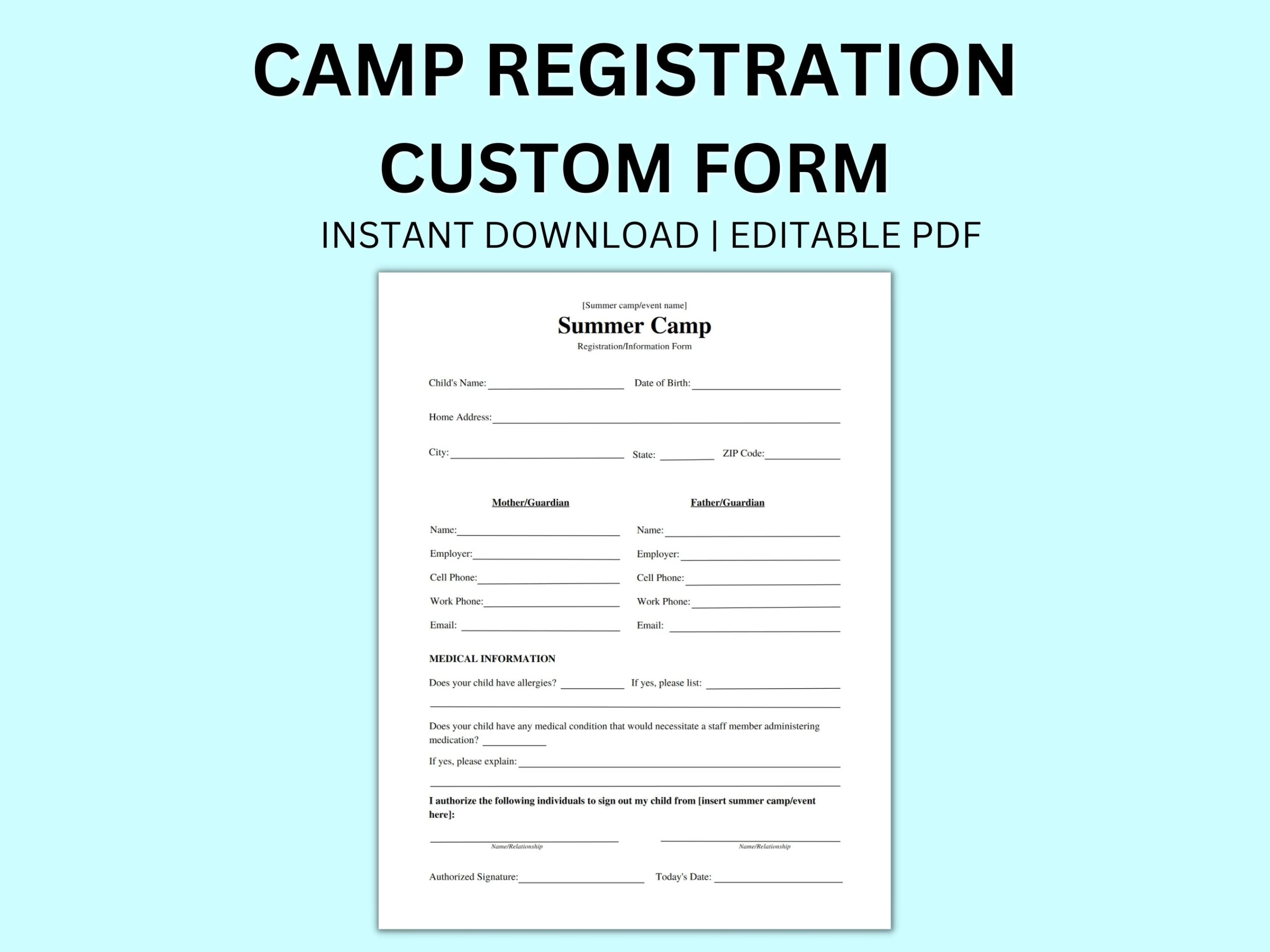 Editable Summer Camp Registration Form Medical Information digital Download Etsy