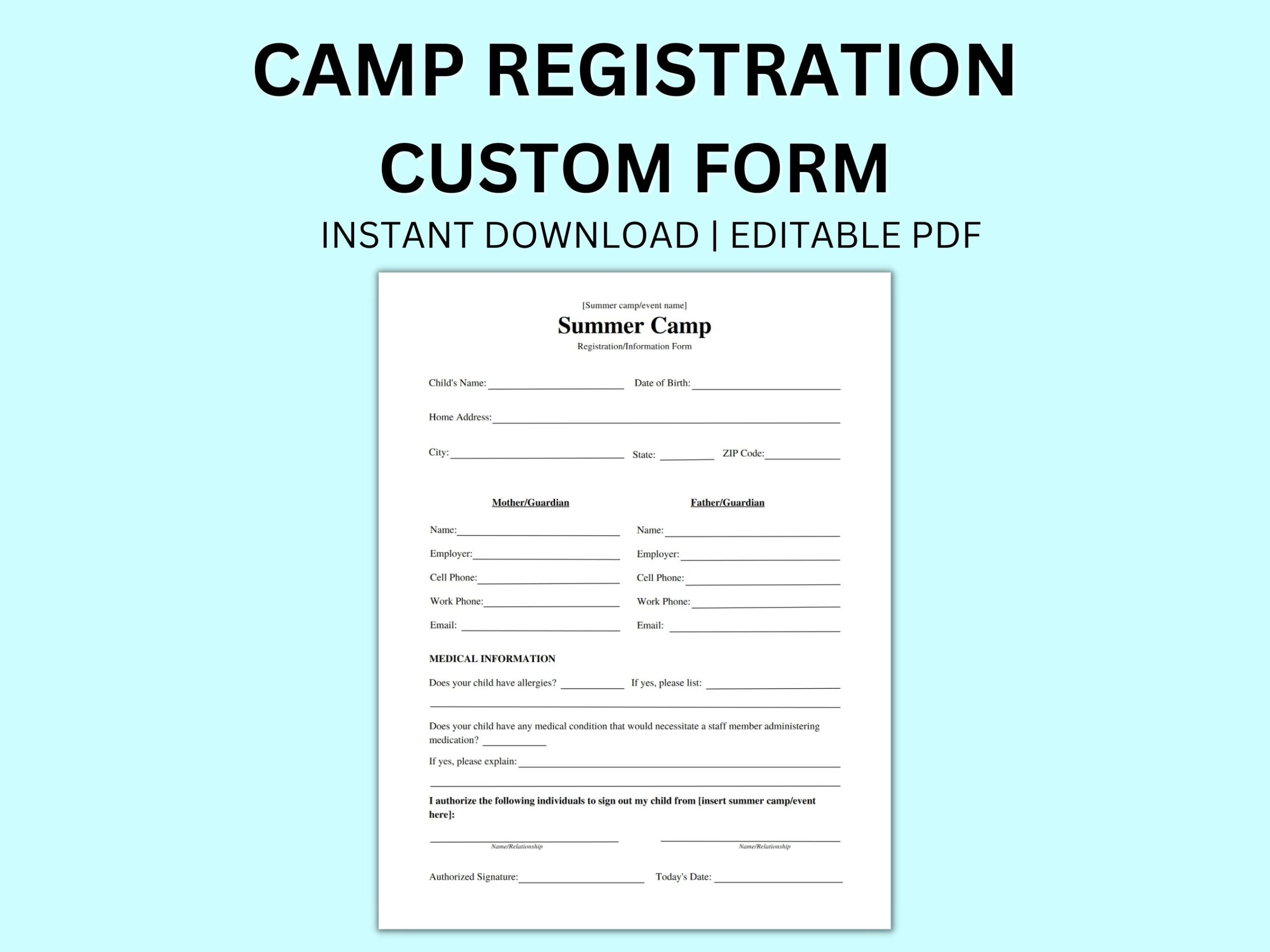Editable Summer Camp Registration Form Medical Information digital Download Etsy