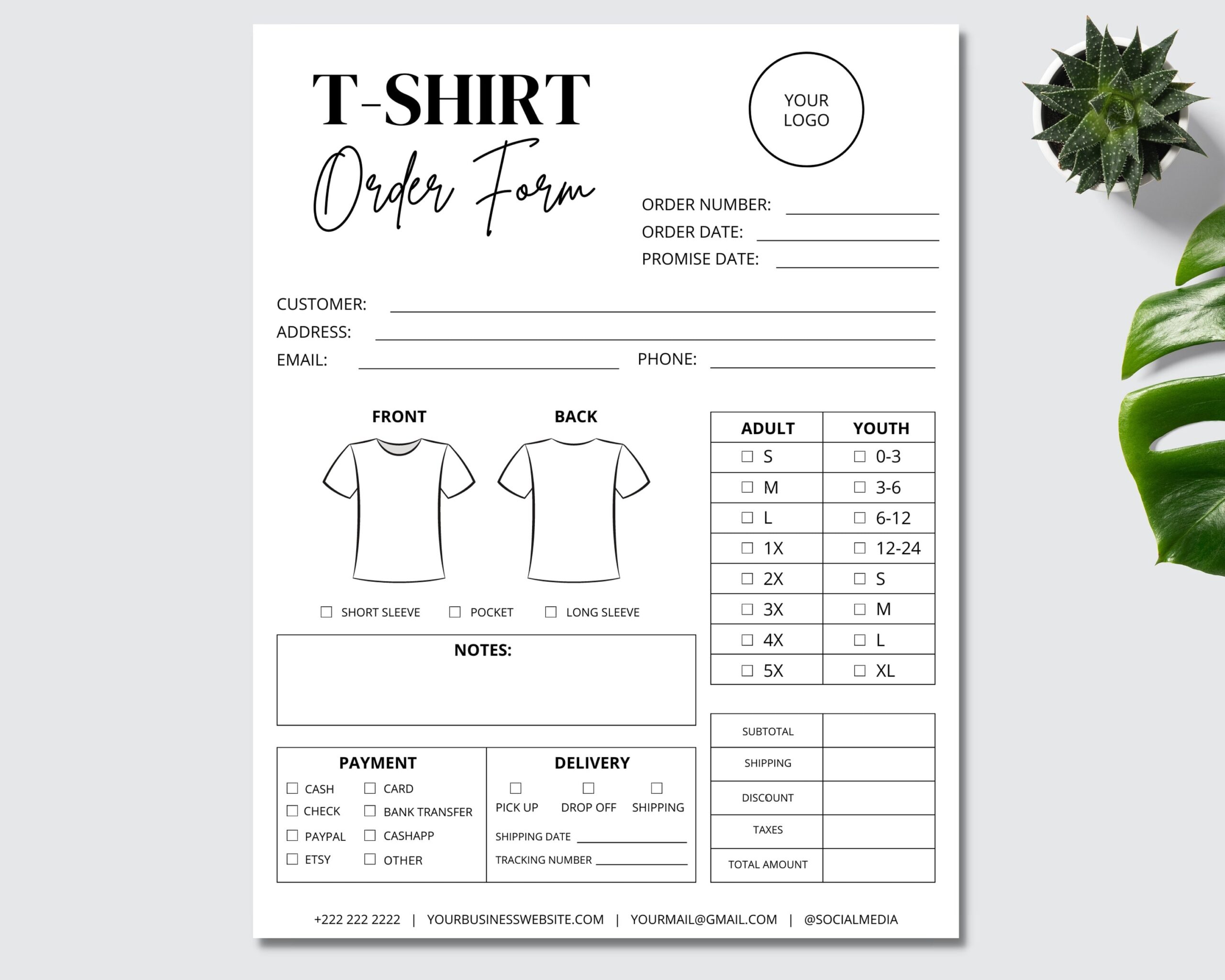 Editable T shirt Order Form Template Printable Small Business 