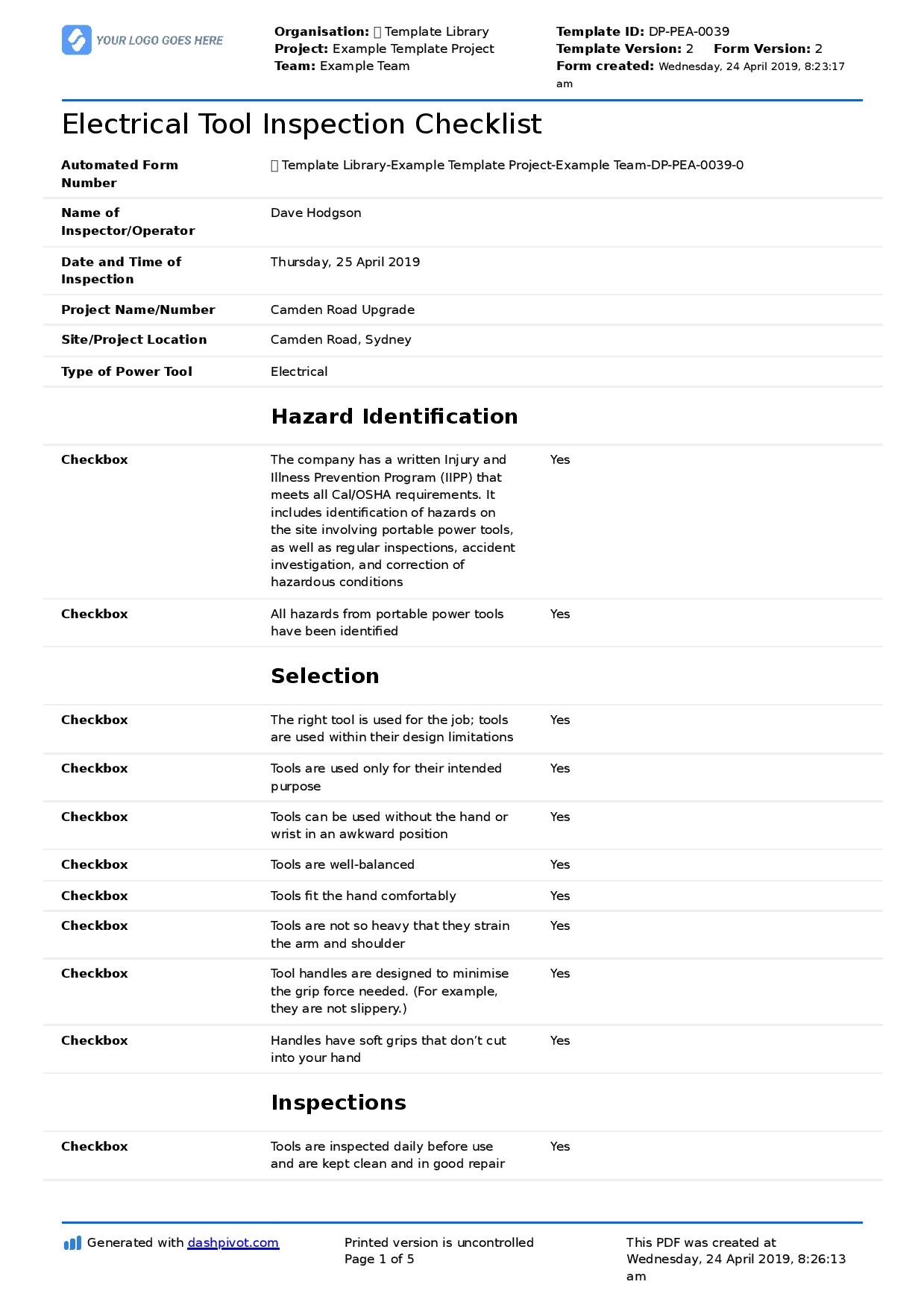 Electrical Tool Inspection Checklist Free To Use And Customisable 