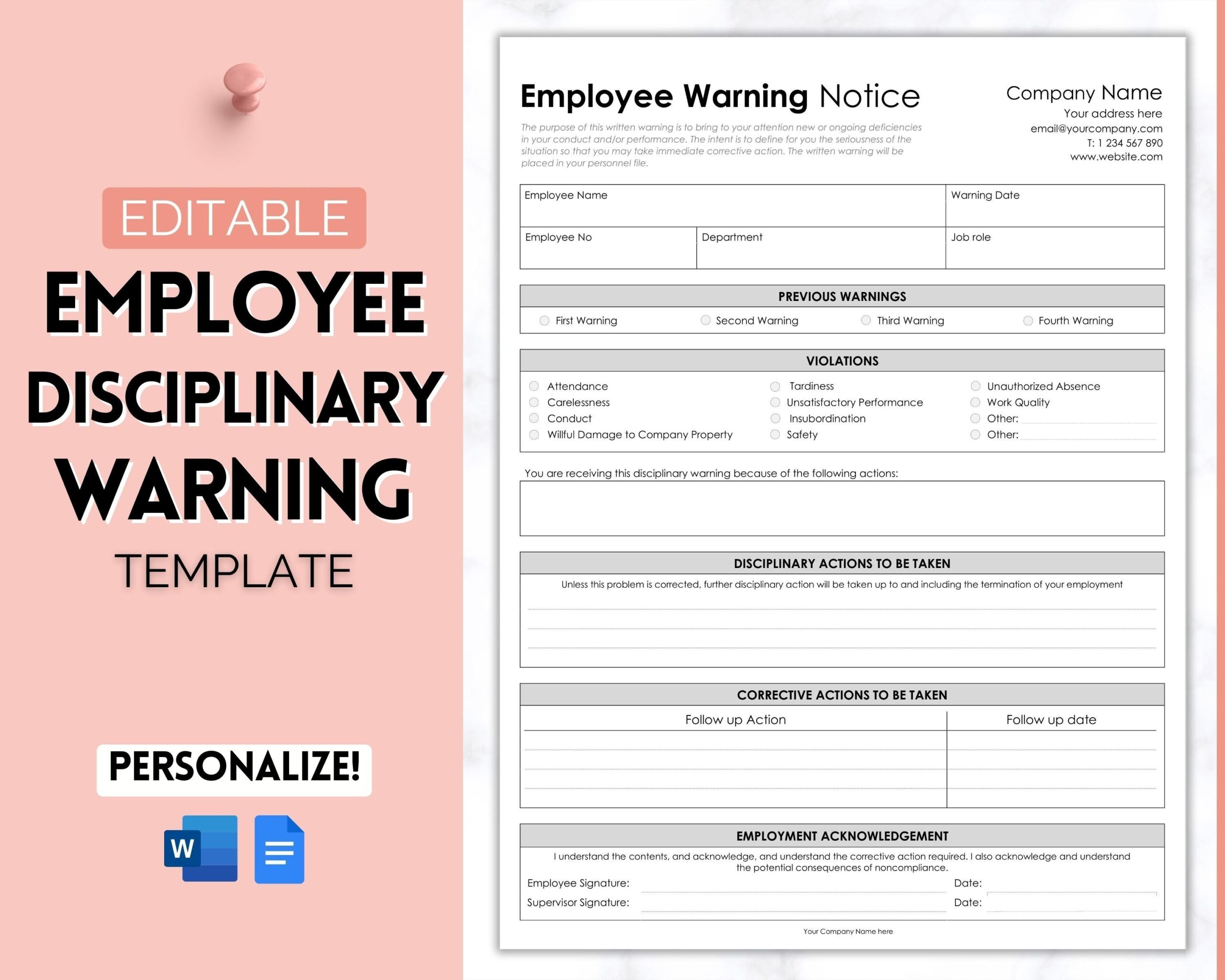 Employee Disciplinary Form EDITABLE Warning Notice Small Business Forms Human Resources Employee Write Up HR Performance Discipline Etsy Sweden