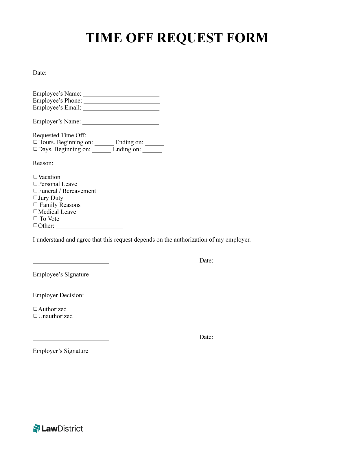 Employee Time Off Request Form Get A Free PTO Template LawDistrict