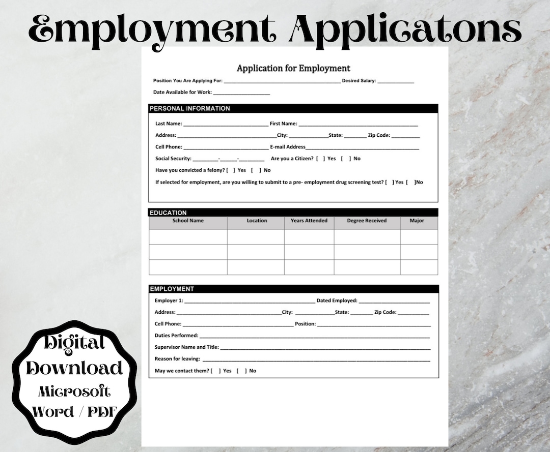 Employment Application Form Template Word Printableu0026 Editable Etsy Worksheets Library