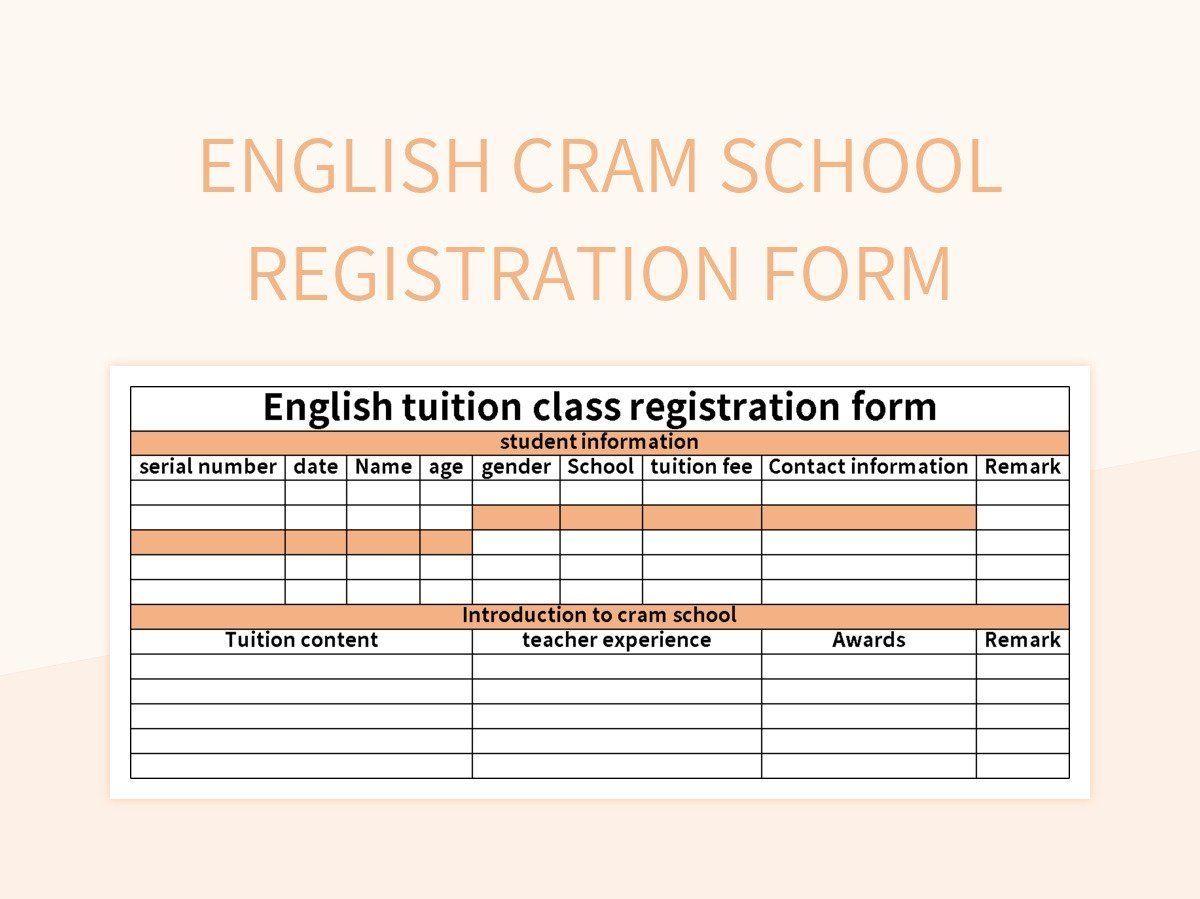English Cram School Registration Form Excel Template And Google Sheets File For Free Download Slidesdocs