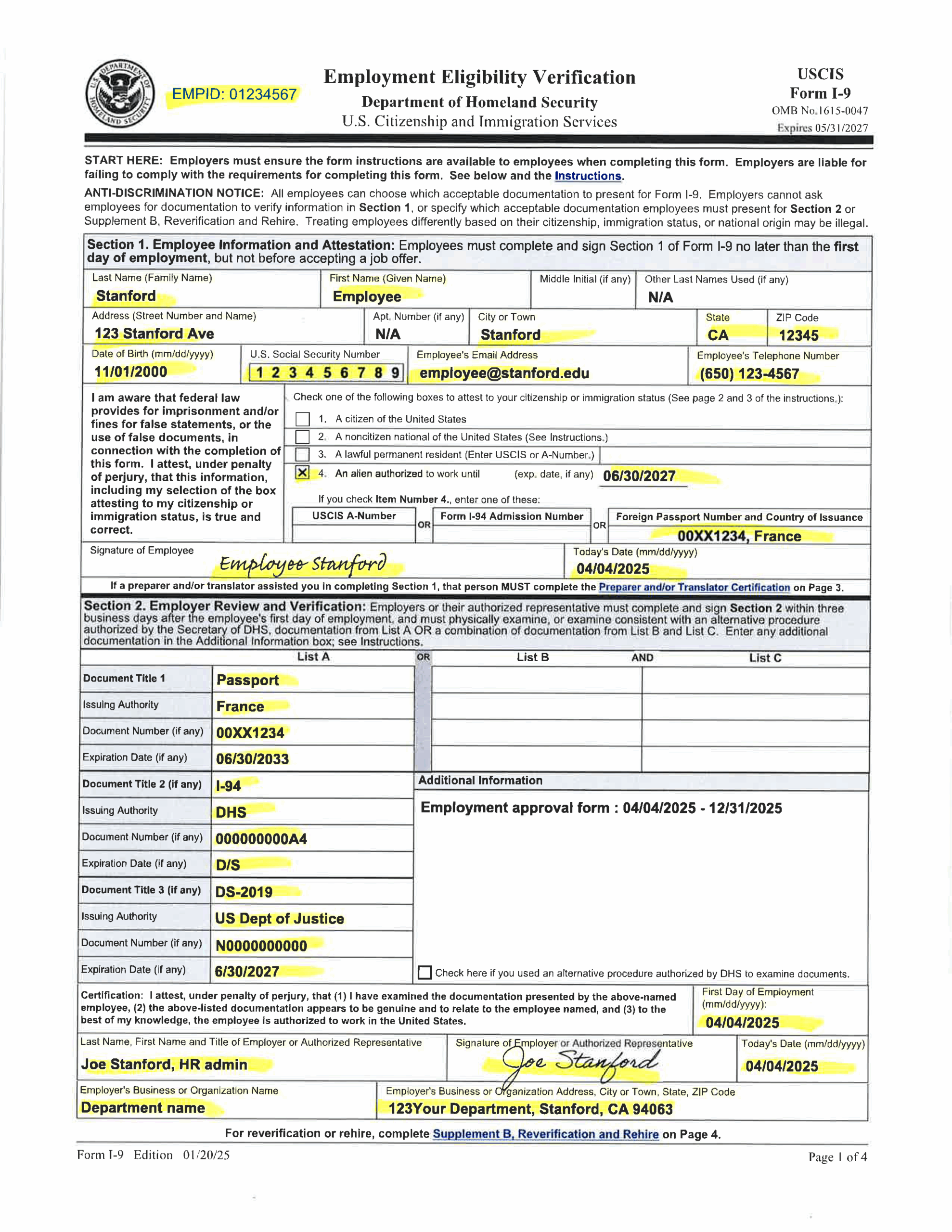 Examples Of Completed Form I 9 For Stanford