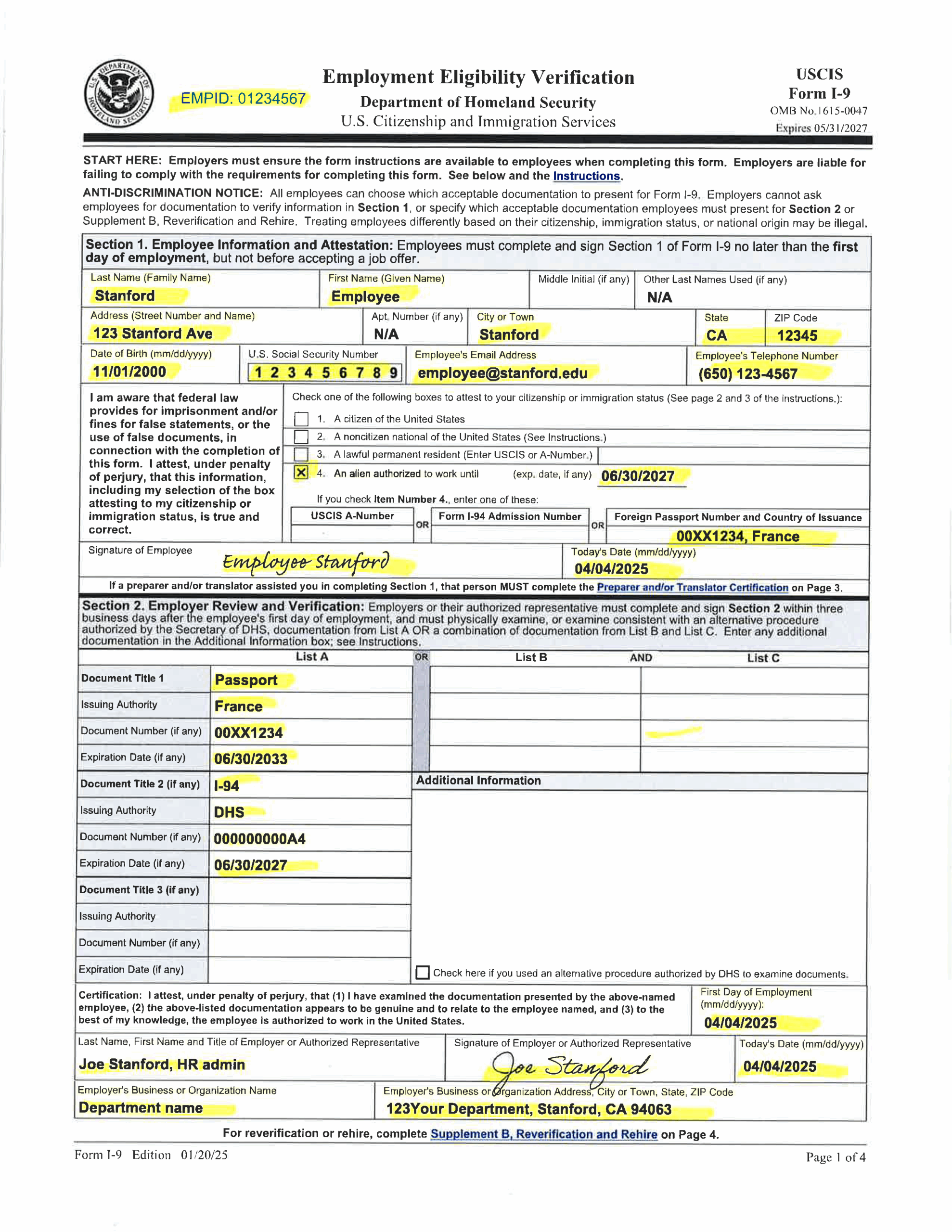 Examples Of Completed Form I 9 For Stanford