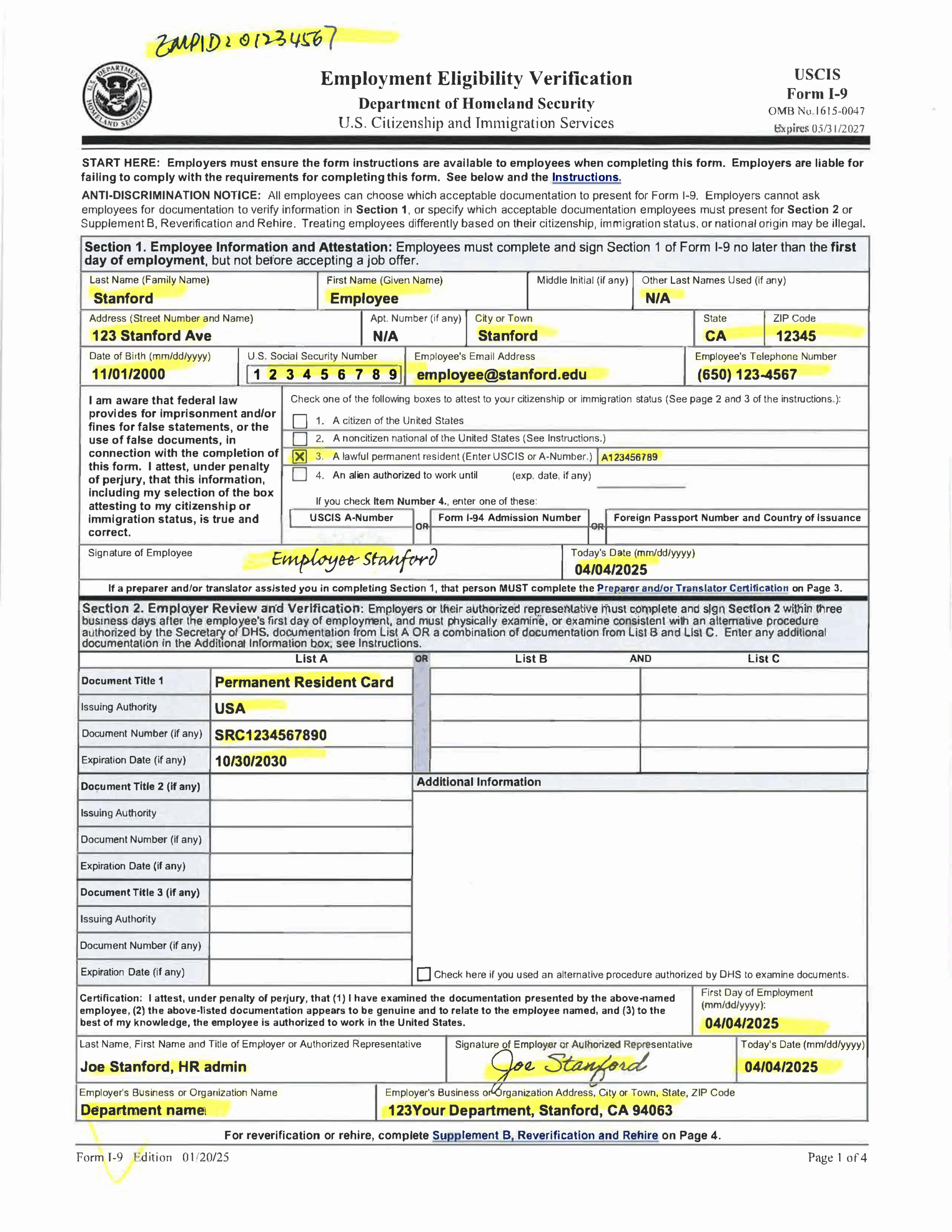 Examples Of Completed Form I 9 For Stanford