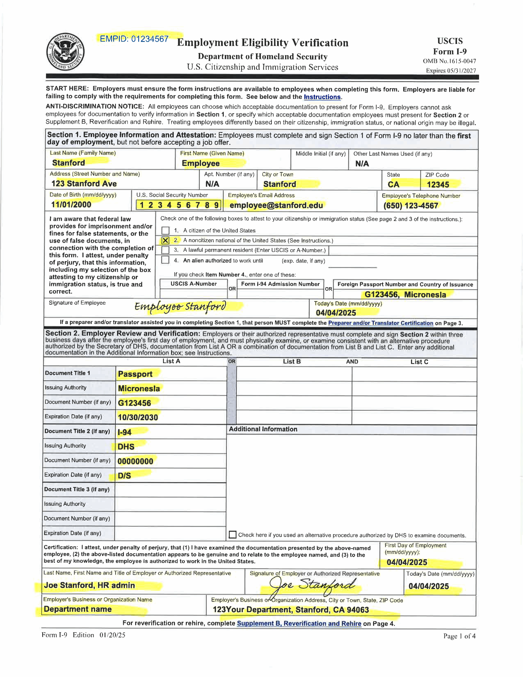 Examples Of Completed Form I 9 For Stanford