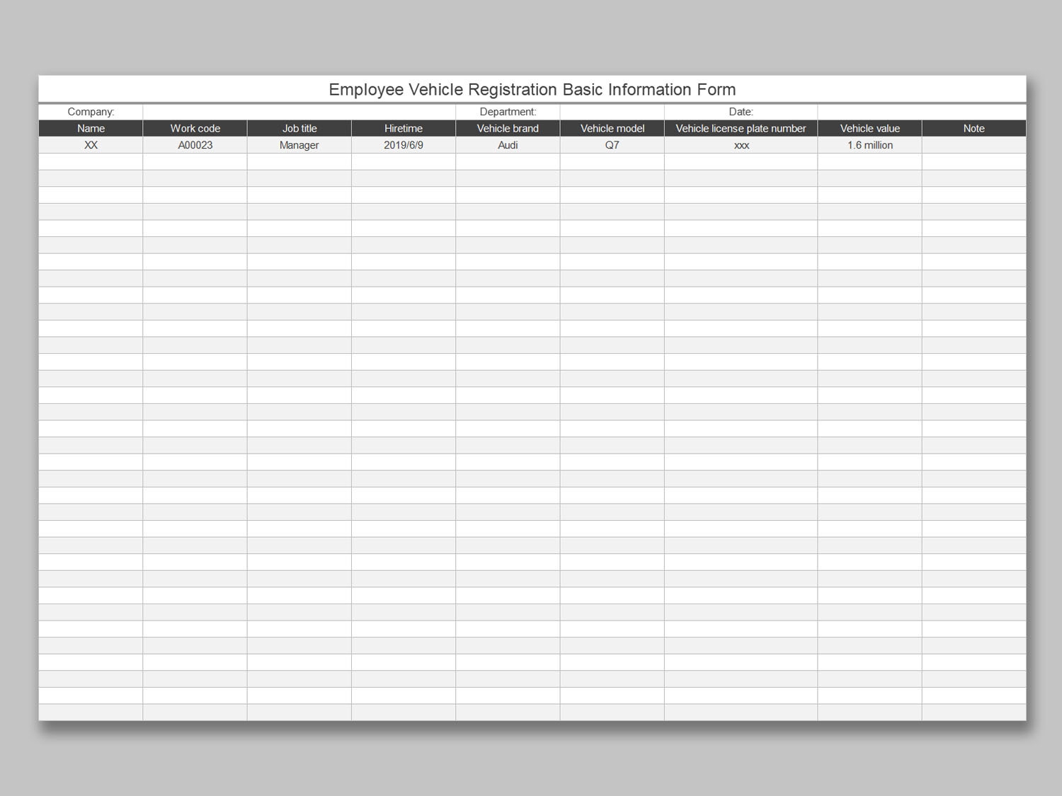 EXCEL Of Employee Vehicle Registration Basic Information Form xlsx WPS Free Templates