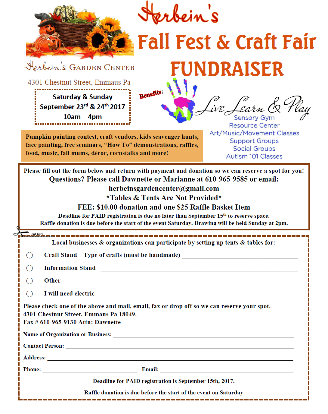 Fall Fest U0026 Craft Fair Fundraiser Vendor Registration Form Herbeins Garden Center