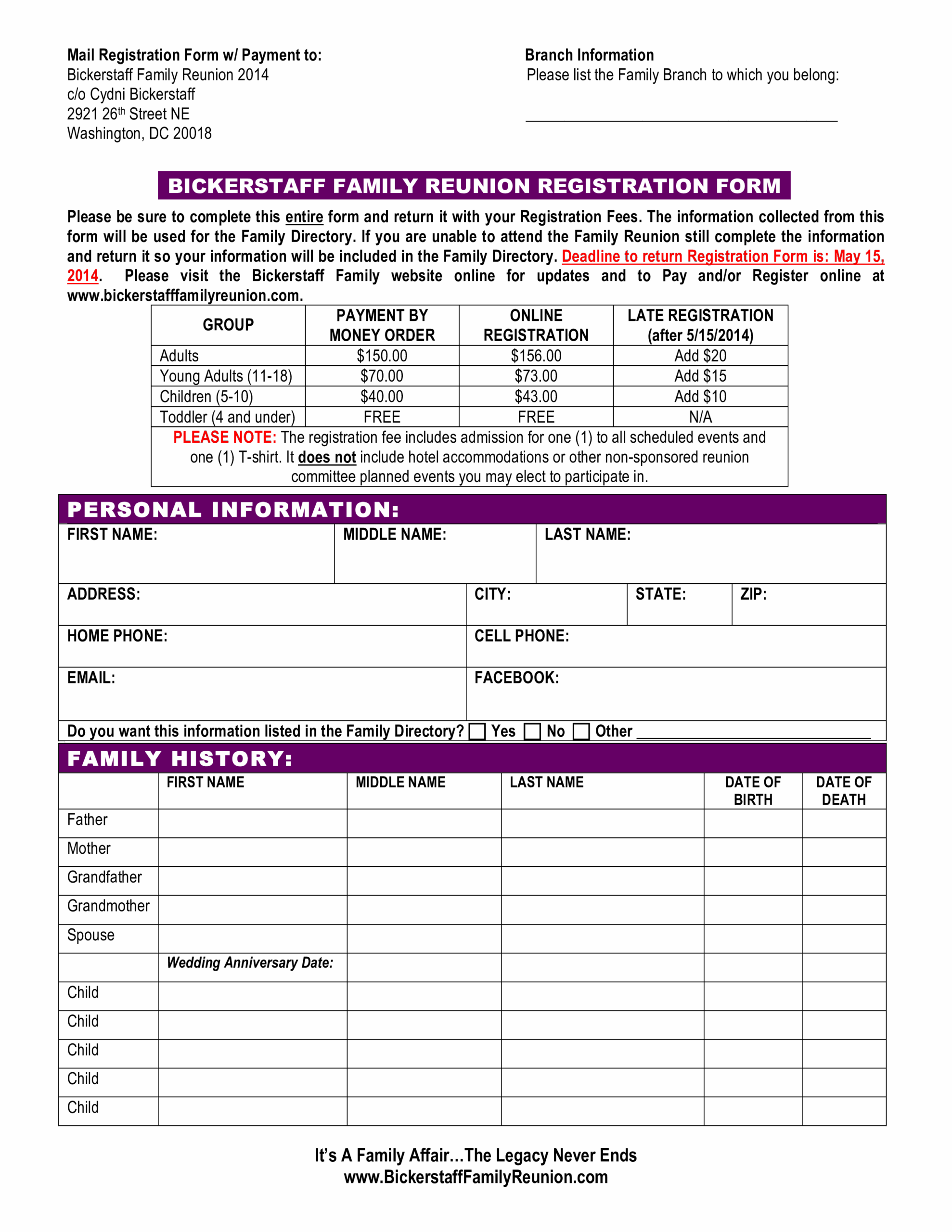 Family Reunion Registration Form Templates At 