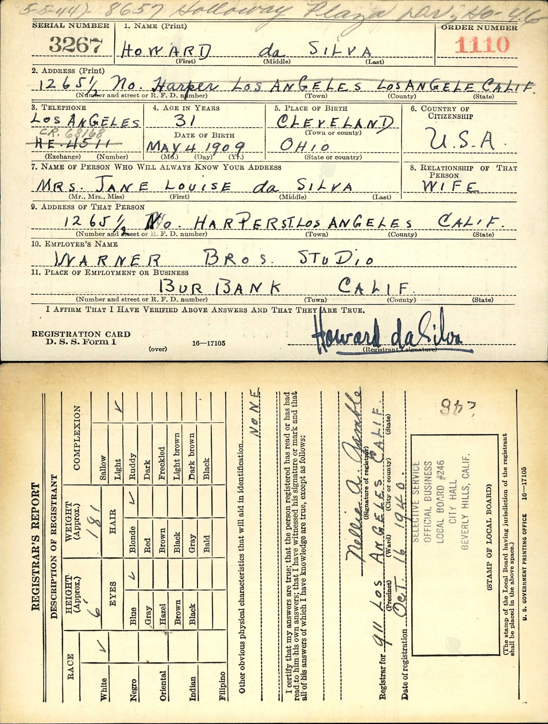 File Howard Da Silva Selective Service Registration jpg Wikimedia Commons