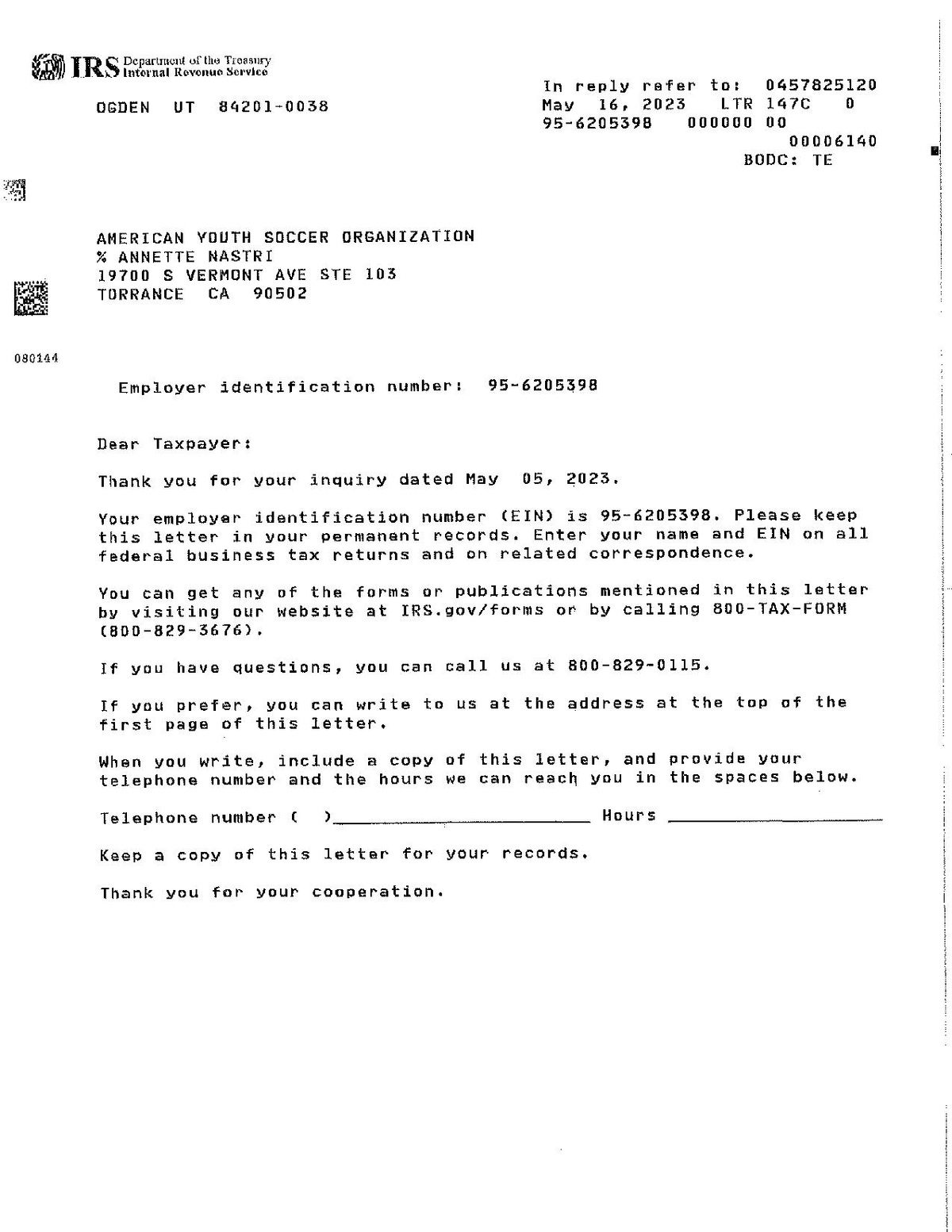 File IRS EIN Verification 147C Letter pdf AYSO Wiki